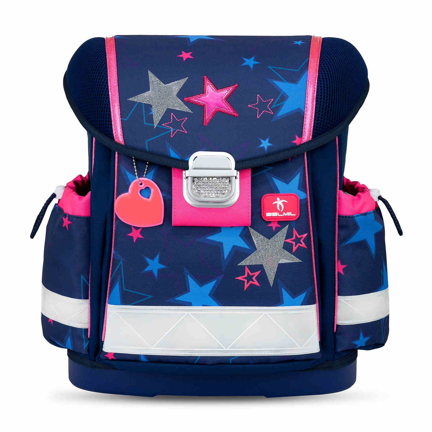 The Ergonomic School Bag Set for Girls – Belmil Classy Sparkling Star (5 pcs) displaying the organized interior with multiple compartments.