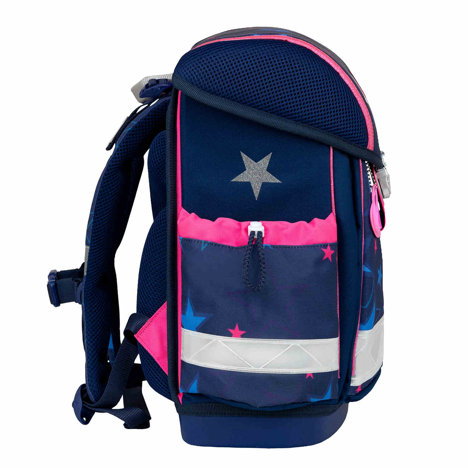 The Ergonomic School Bag Set for Girls – Belmil Classy Sparkling Star (5 pcs) demonstrating the reflective details for safety in low-light conditions.
