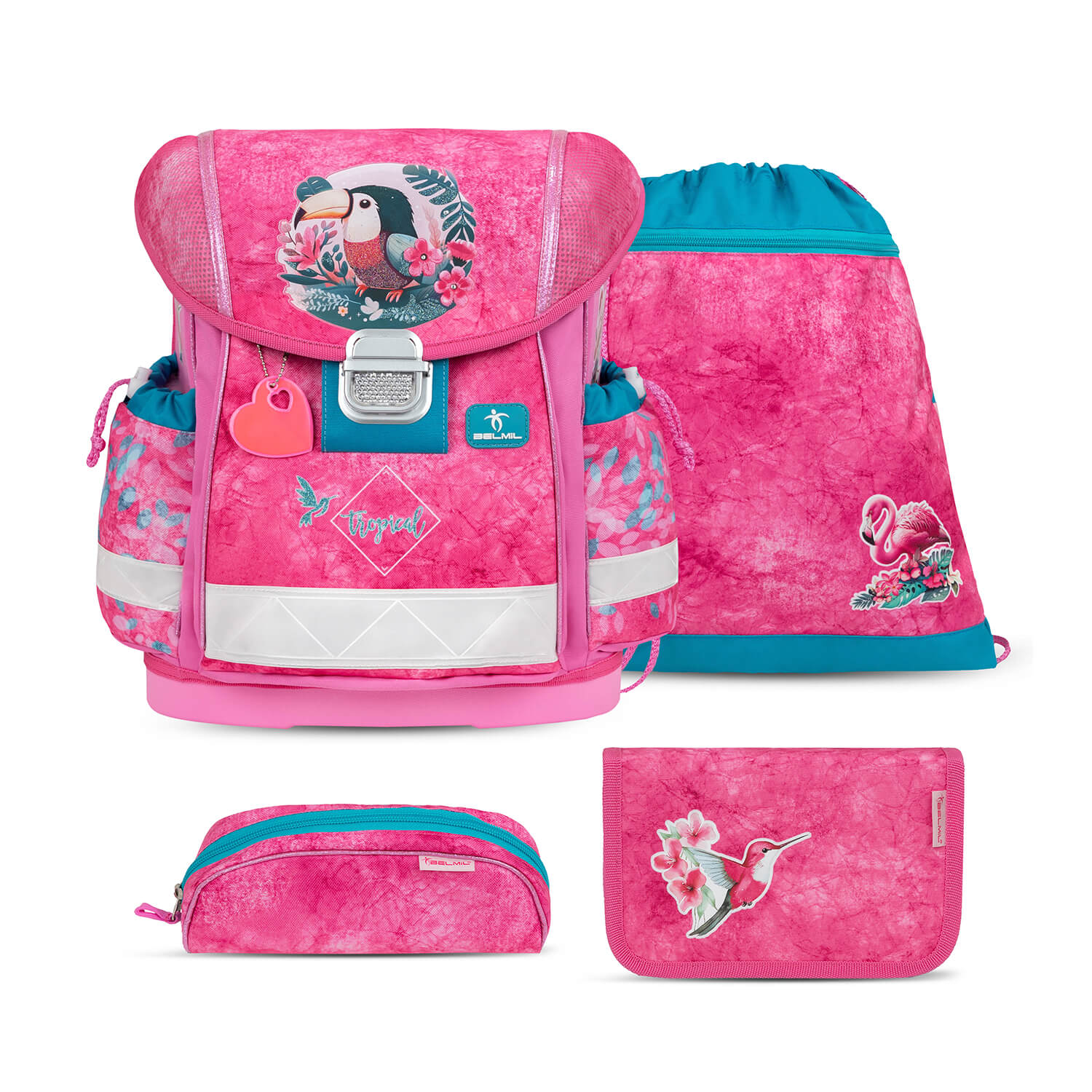 Stylish Ergonomic School Bag Set for Girls – Belmil Classy Tropical Toucan (4 pcs) featuring a colorful toucan design.
