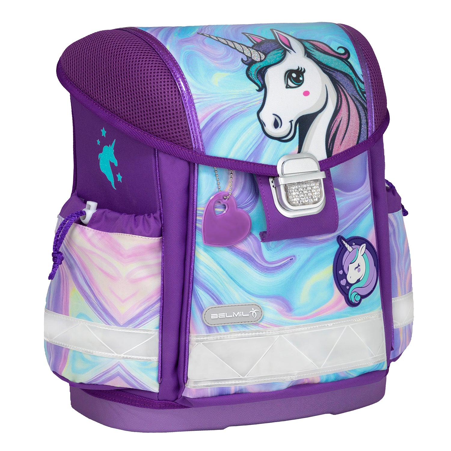 Front view of the Belmil Classy Ergonomic School Bag Set for Girls “Unicorn Dream,” showcasing its lightweight structure and comfortable padded shoulder straps.