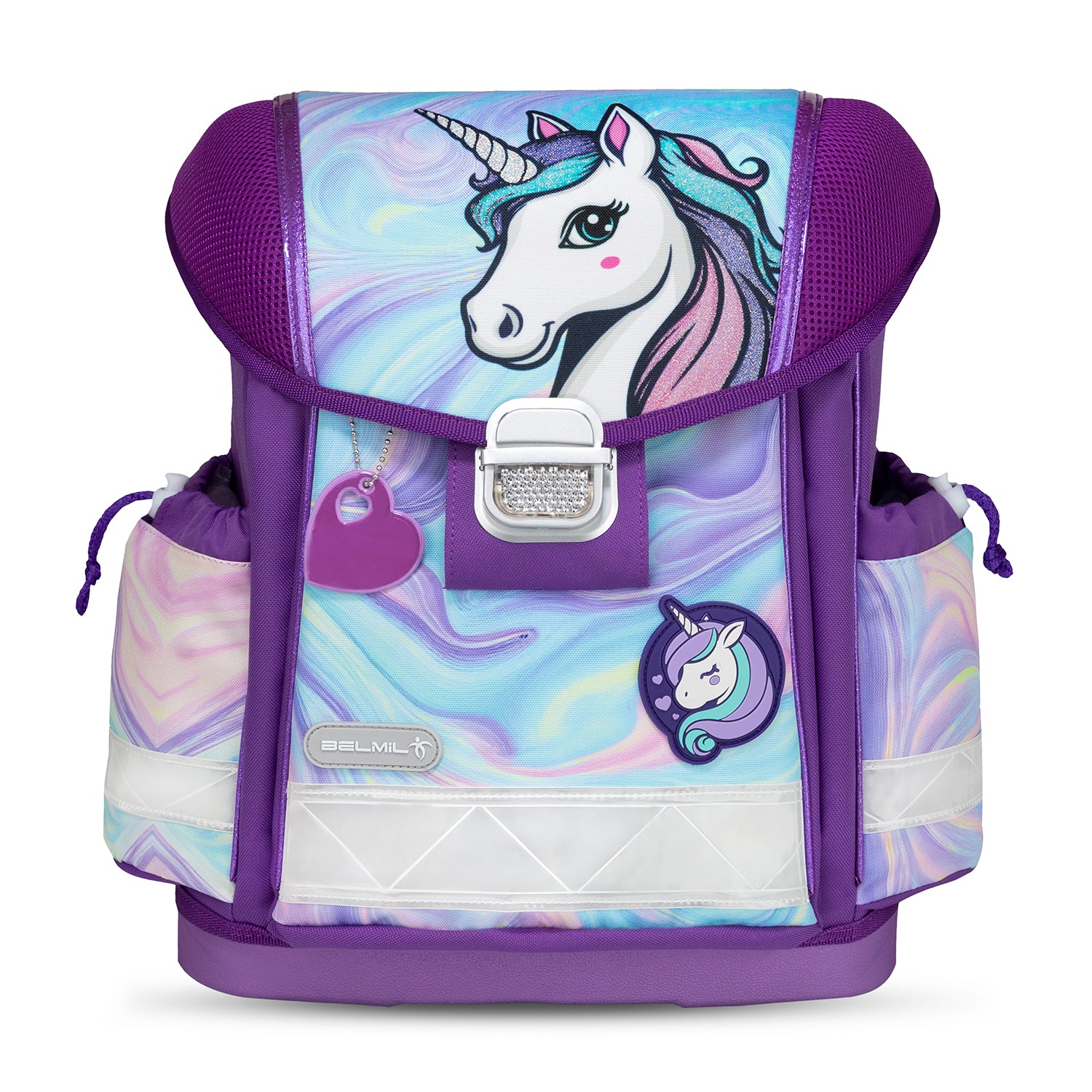 The Belmil Classy Ergonomic School Bag Set for Girls “Unicorn Dream” includes accessories like a drawstring gym bag and pencil cases, all matching the enchanting unicorn theme.