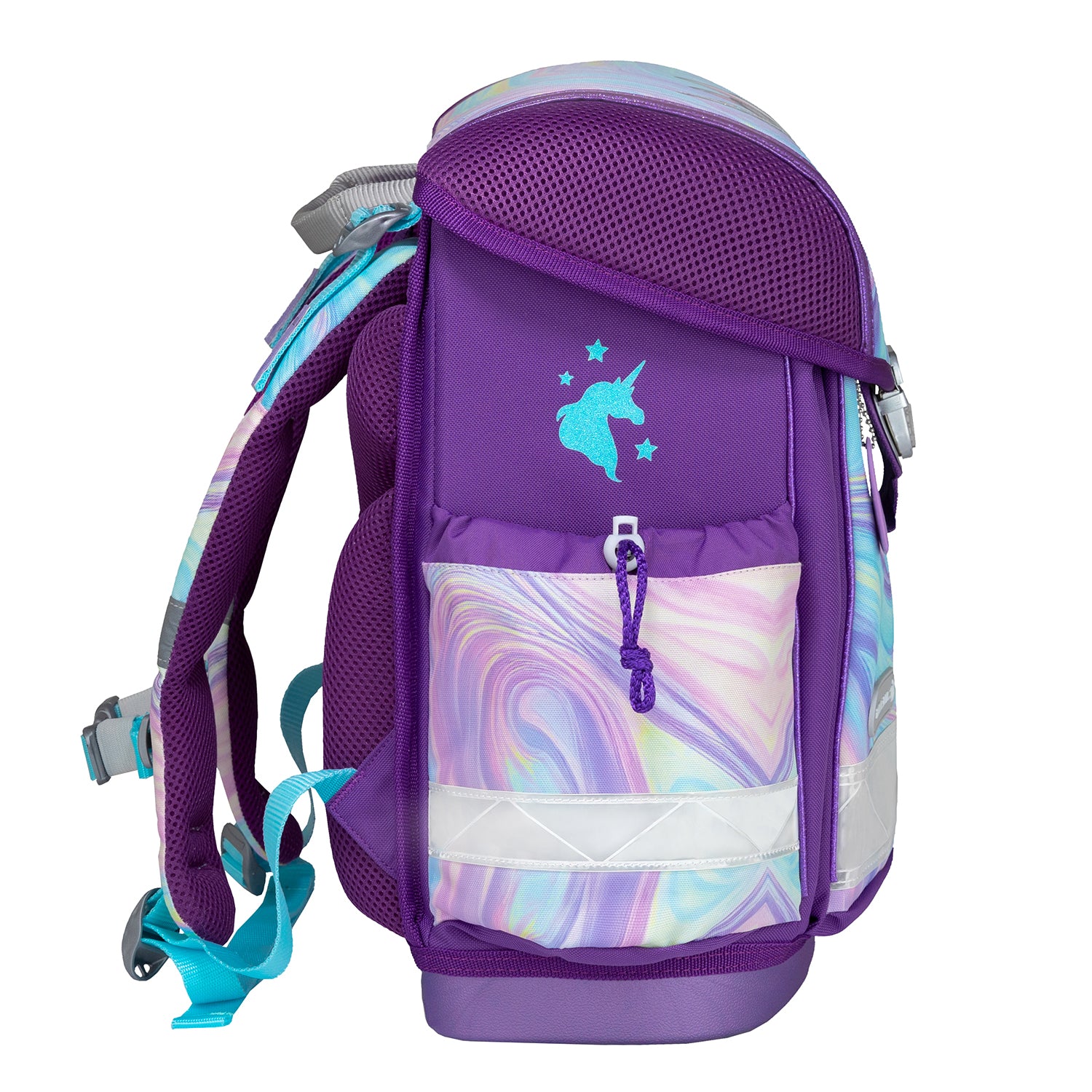 The included unicorn raincoat from the Belmil Classy Ergonomic School Bag Set for Girls “Unicorn Dream,” designed to fit over the backpack while keeping kids dry.
