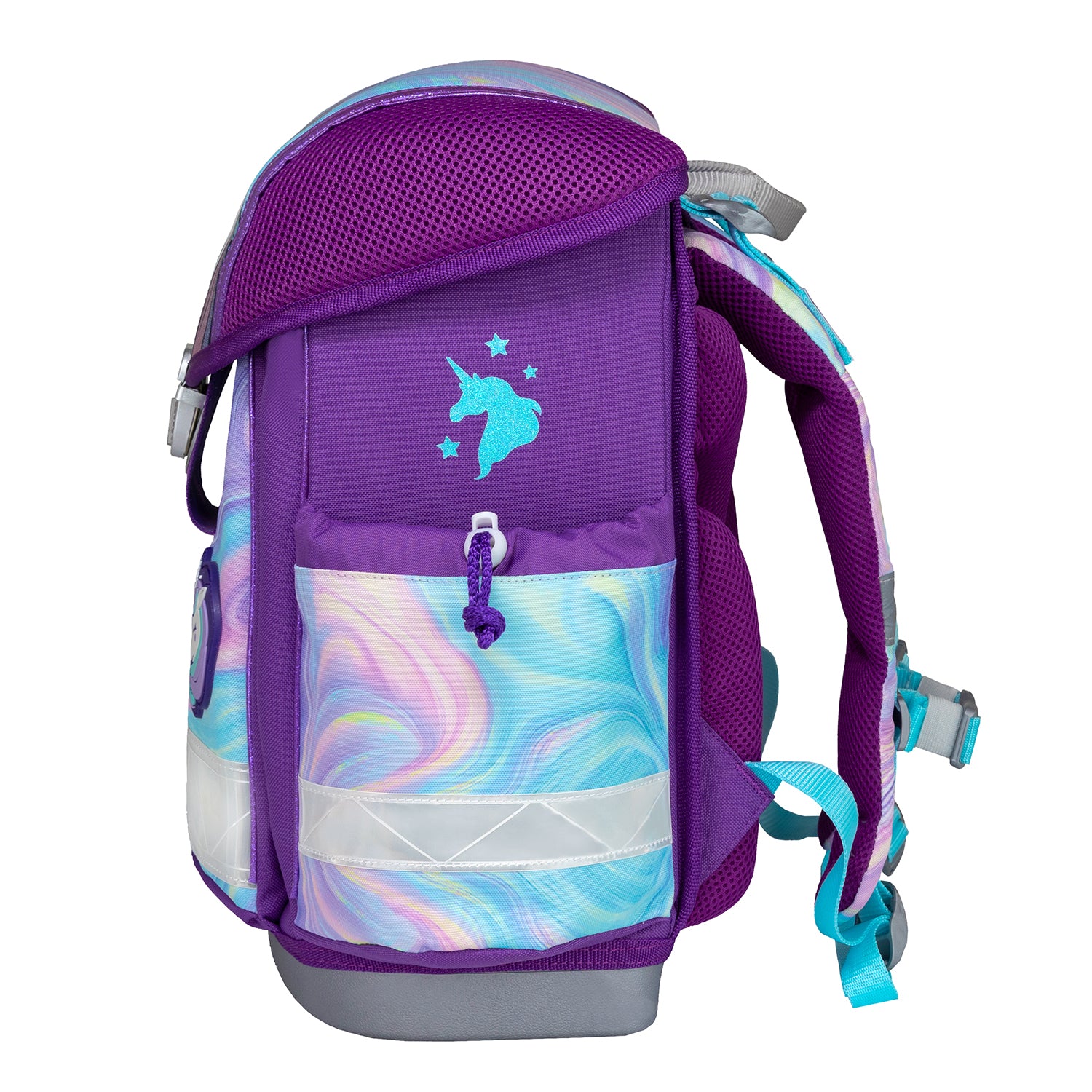 Close-up of the reflective safety features on the Belmil Classy Ergonomic School Bag Set for Girls “Unicorn Dream,” ensuring visibility and safety for kids.