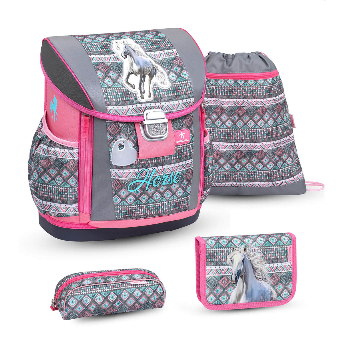 Belmil Schulranzen Set Customize-me 4-tlg Grundschule 404-20 Horse Aruba Blue Belmil Schulranzen Set Customize-me 4-tlg Grundschule 404-20 Horse Aruba Blue