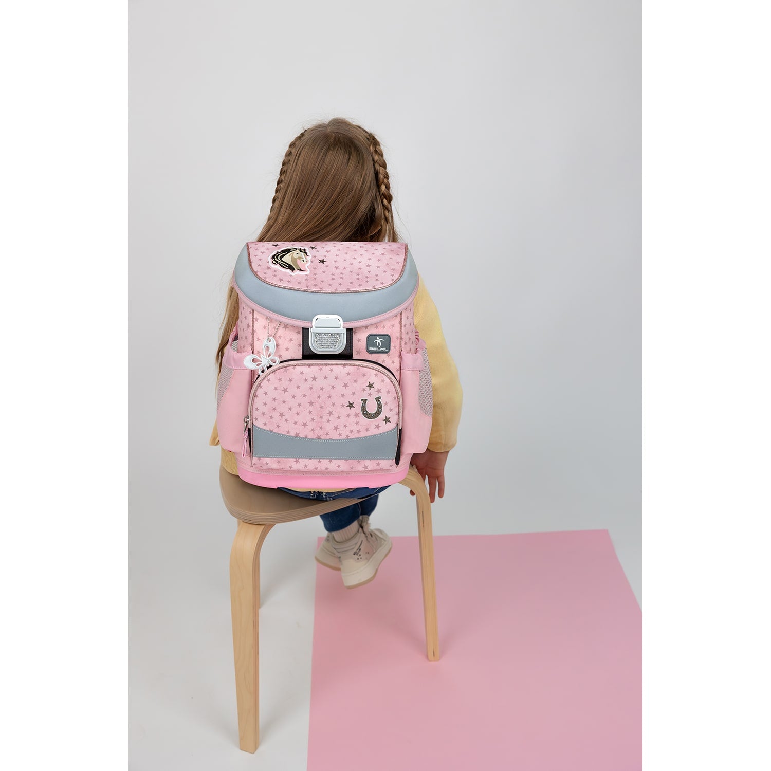 Close-up of Ergonomic School Bag Set for Girls – Belmil Mini-Fit Star Horses (4 pcs) highlighting its cute horse and star pattern.