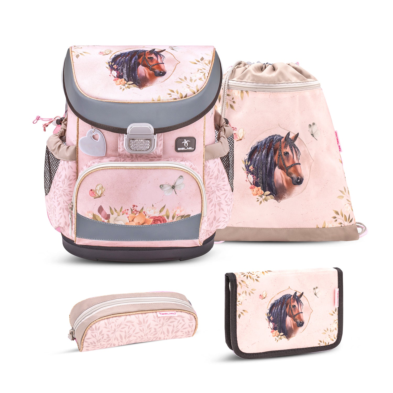 Mini-Fit Horse Chestnut schoolbag set 4 pcs for girls, featuring an ergonomic design and comfortable back padding – Ergonomic School Bag Set for Girls – Belmil Mini-Fit Horse Chestnut (4 pcs).