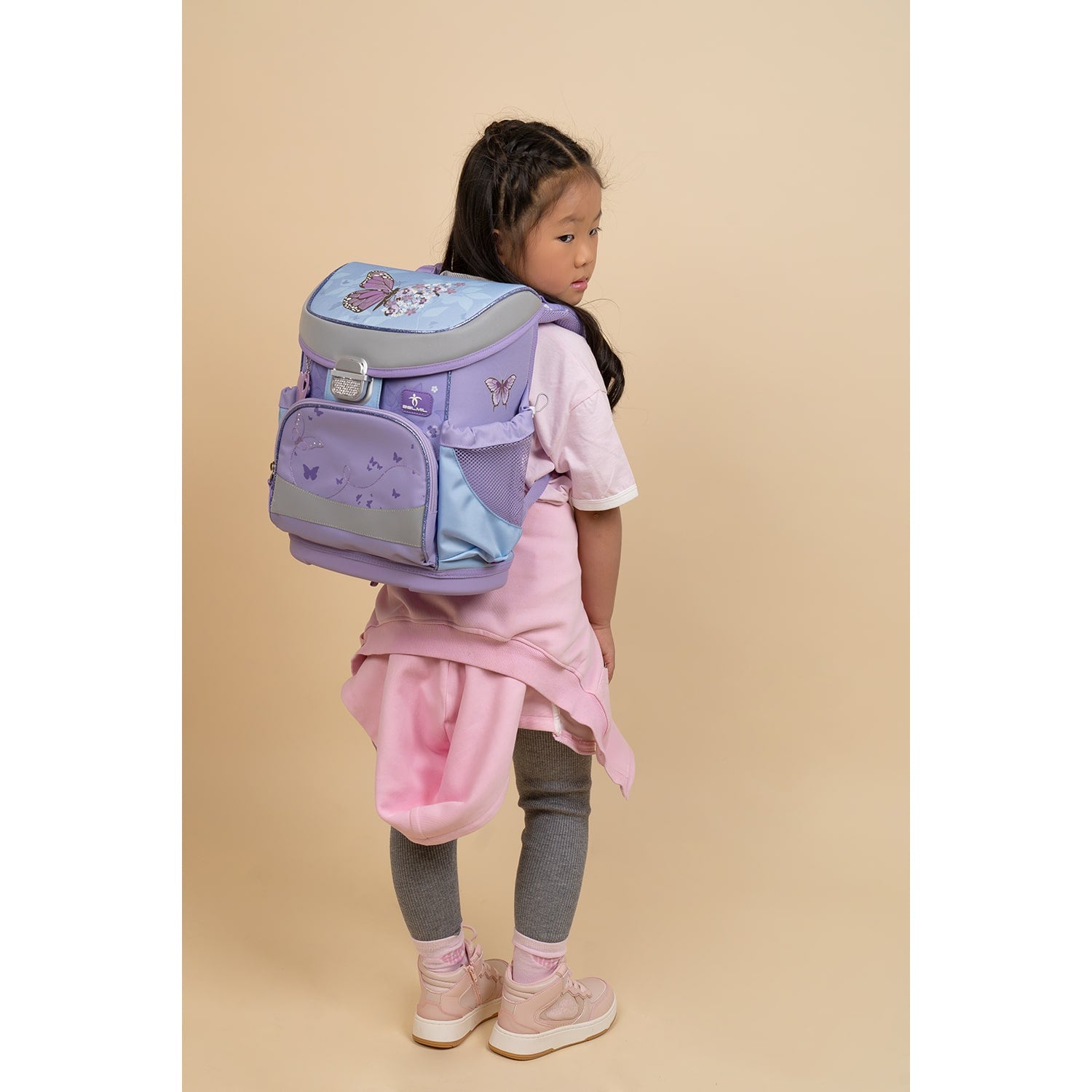 Side pocket detail of the Ergonomic School Bag Set for Girls – Belmil Mini-Fit Purple Blue Butterfly (4 pcs) featuring a reflective buckle.