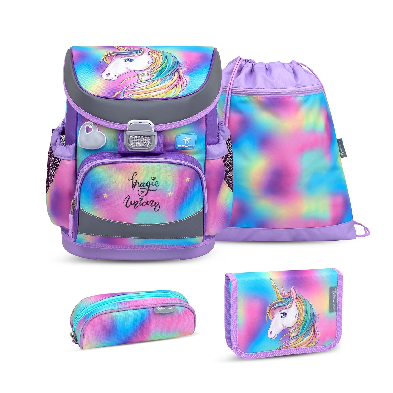 Showcasing the Mini-Fit Rainbow Color schoolbag set 4 pcs, an Ergonomic School Bag Set for Girls by Belmil with colorful design.