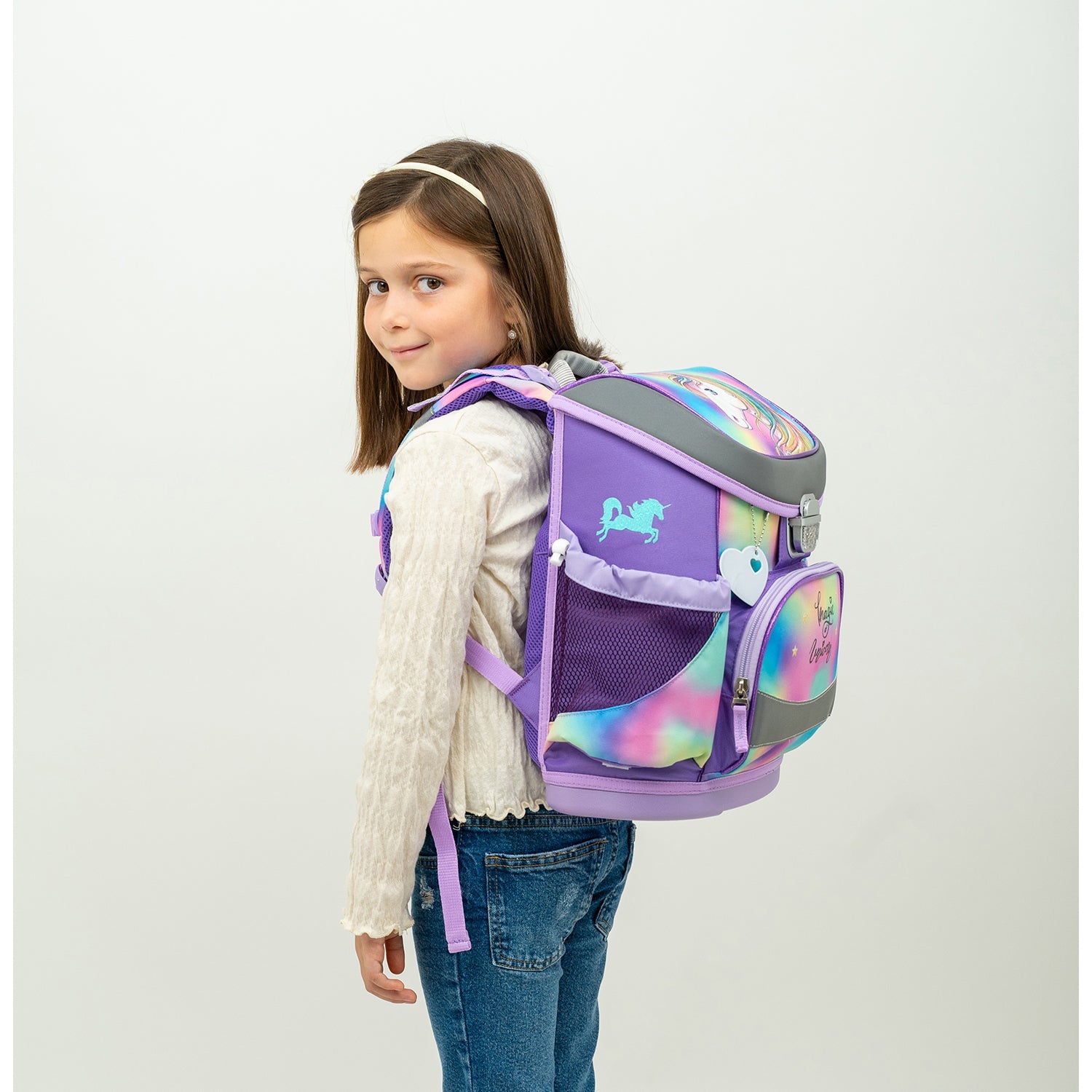 Close-up view of the Mini-Fit Rainbow Color schoolbag set 4 pcs featuring ergonomic design, the perfect Ergonomic School Bag Set for Girls by Belmil.