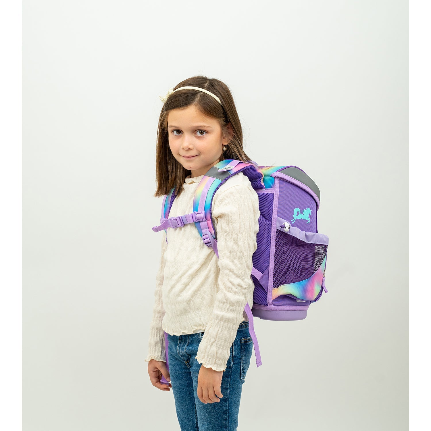 Belmil Mini-Fit Ergonomic School Bag Set “Rainbow Color” + Unicorn Raincoat – 5-Piece Compact and Comfortable School Starter Set for Girls