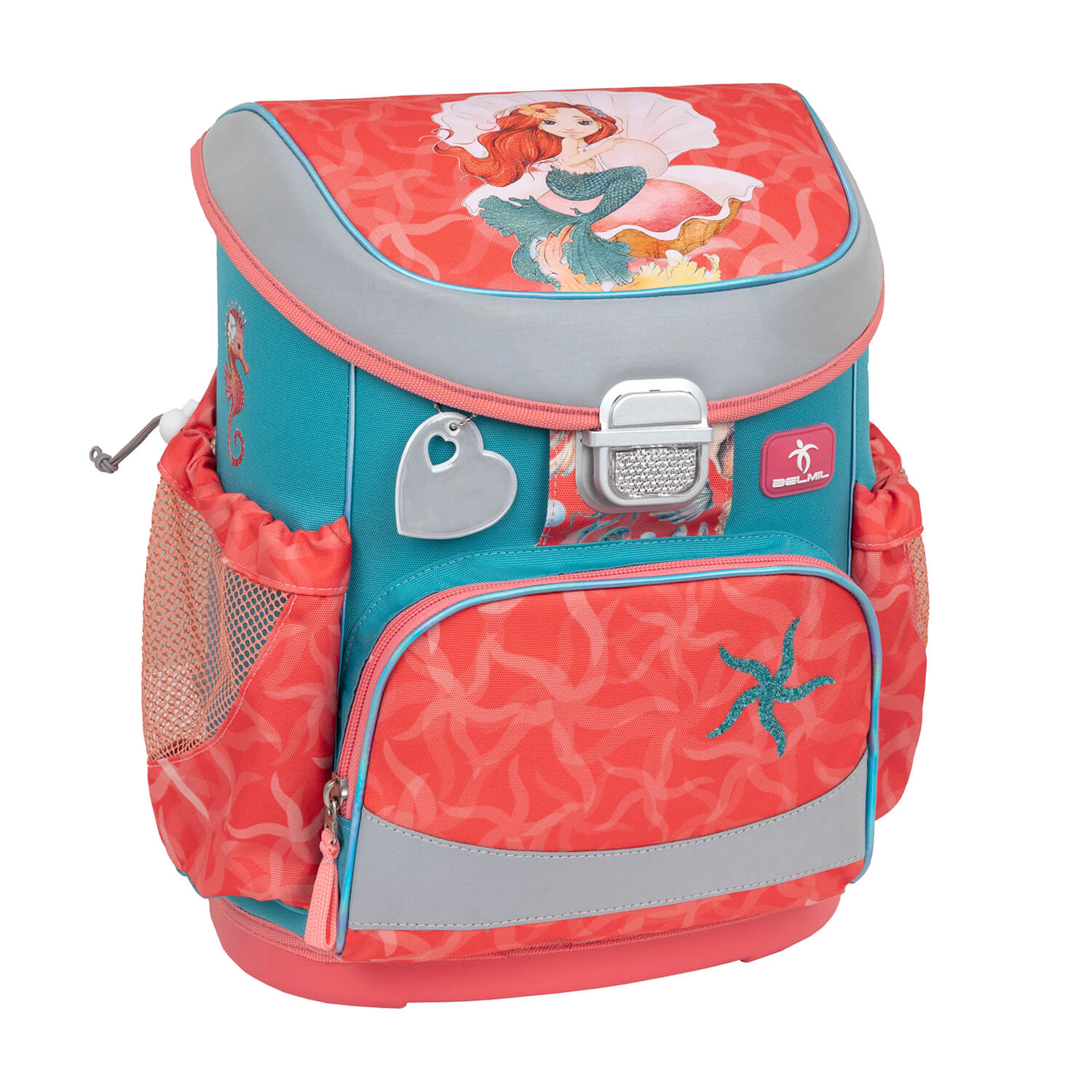 Smart interior layout of the Belmil Mini-Fit Ergonomic School Bag Set “Sea Queen” Design + Unicorn Raincoat – 5-Piece Compact and Comfortable School Starter Set showing its multiple pockets.