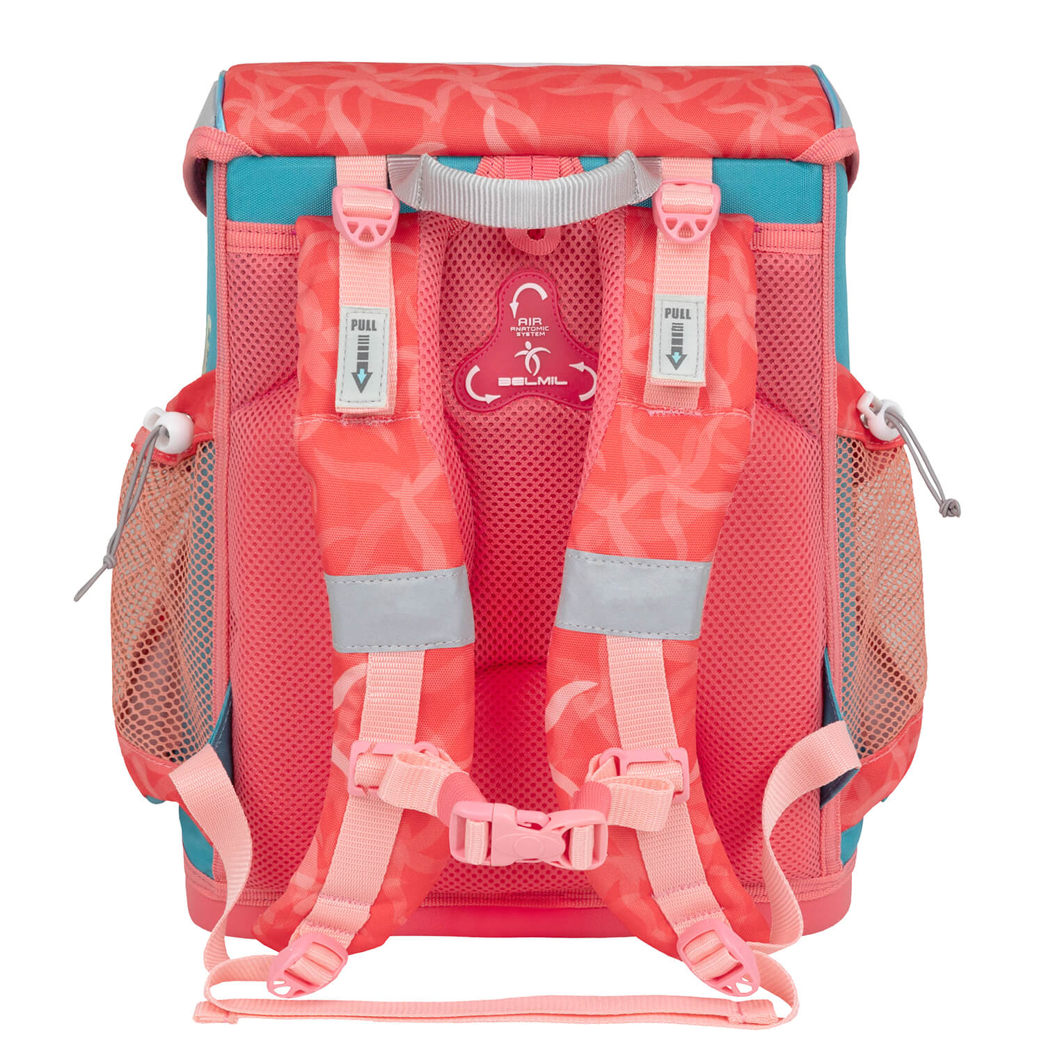 Reflective elements of the Belmil Mini-Fit Ergonomic School Bag Set “Sea Queen” Design + Unicorn Raincoat – 5-Piece Compact and Comfortable School Starter Set for added visibility in traffic.