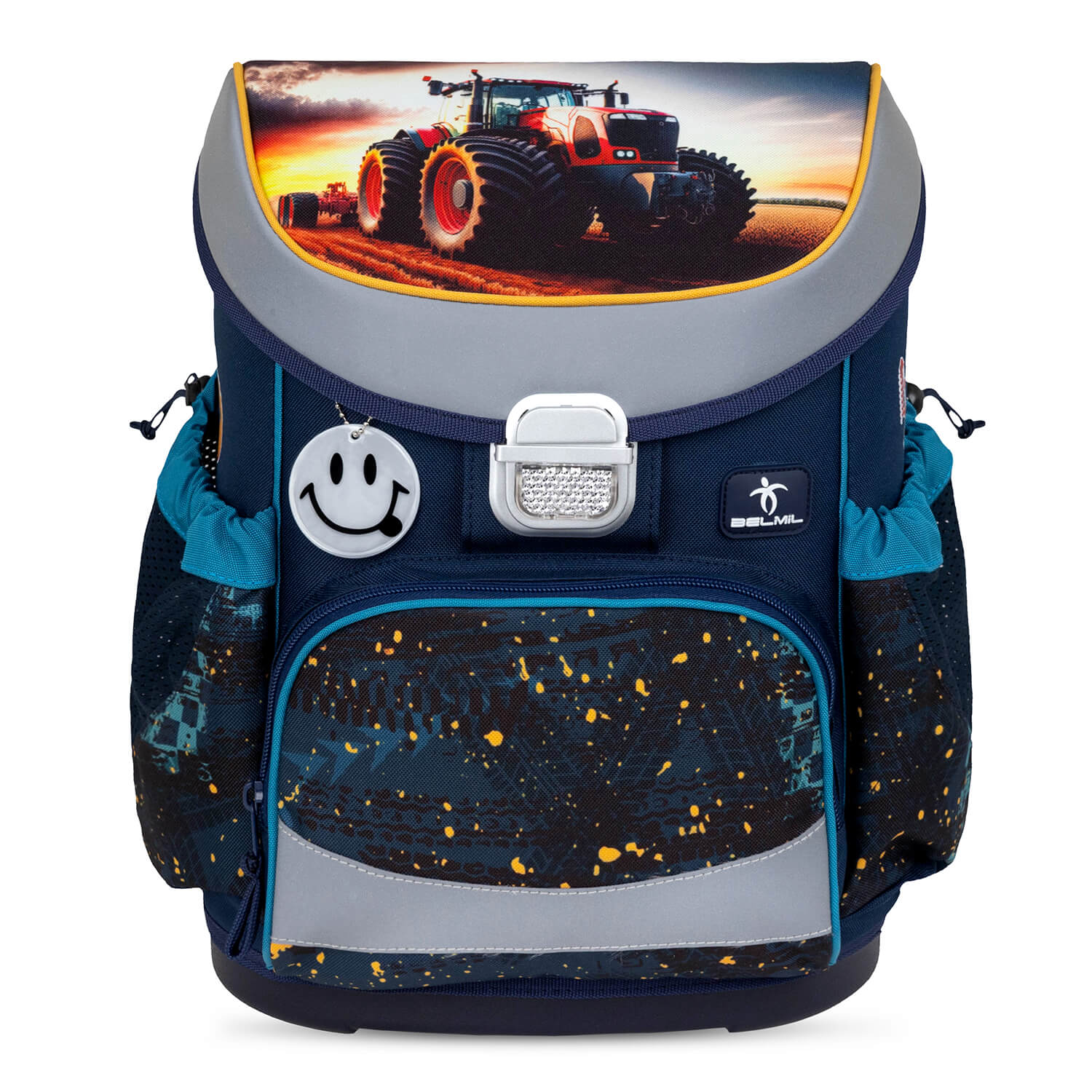 Close-up of the reflective decorative elements on the Belmil Mini-Fit Ergonomic School Bag Set for Boys “Tractron” Design + Dinosaur Raincoat – 5-Piece Compact and Back-Friendly School Starter Set.