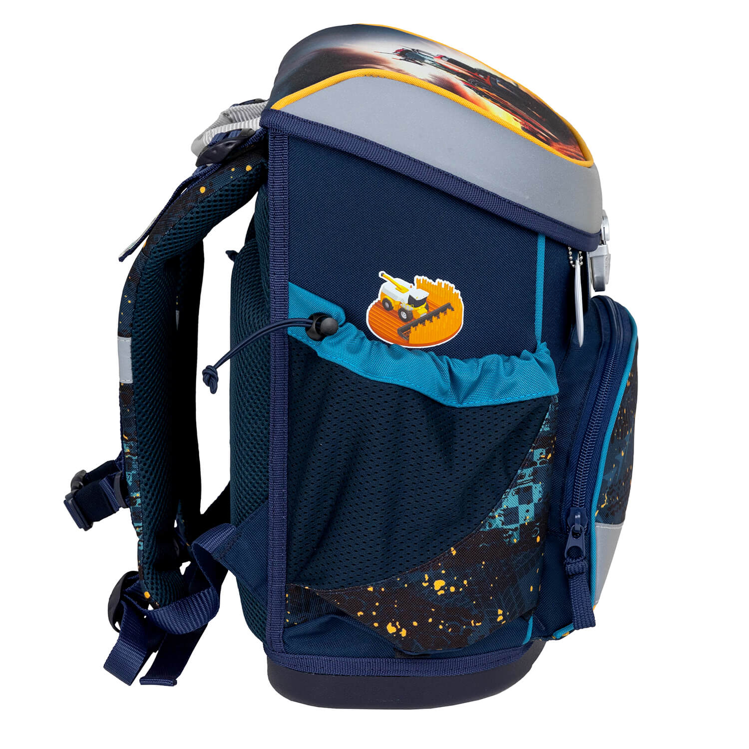 Back view of the Belmil Mini-Fit Ergonomic School Bag Set for Boys “Tractron” Design + Dinosaur Raincoat – 5-Piece Compact and Back-Friendly School Starter Set highlighting the padded straps.