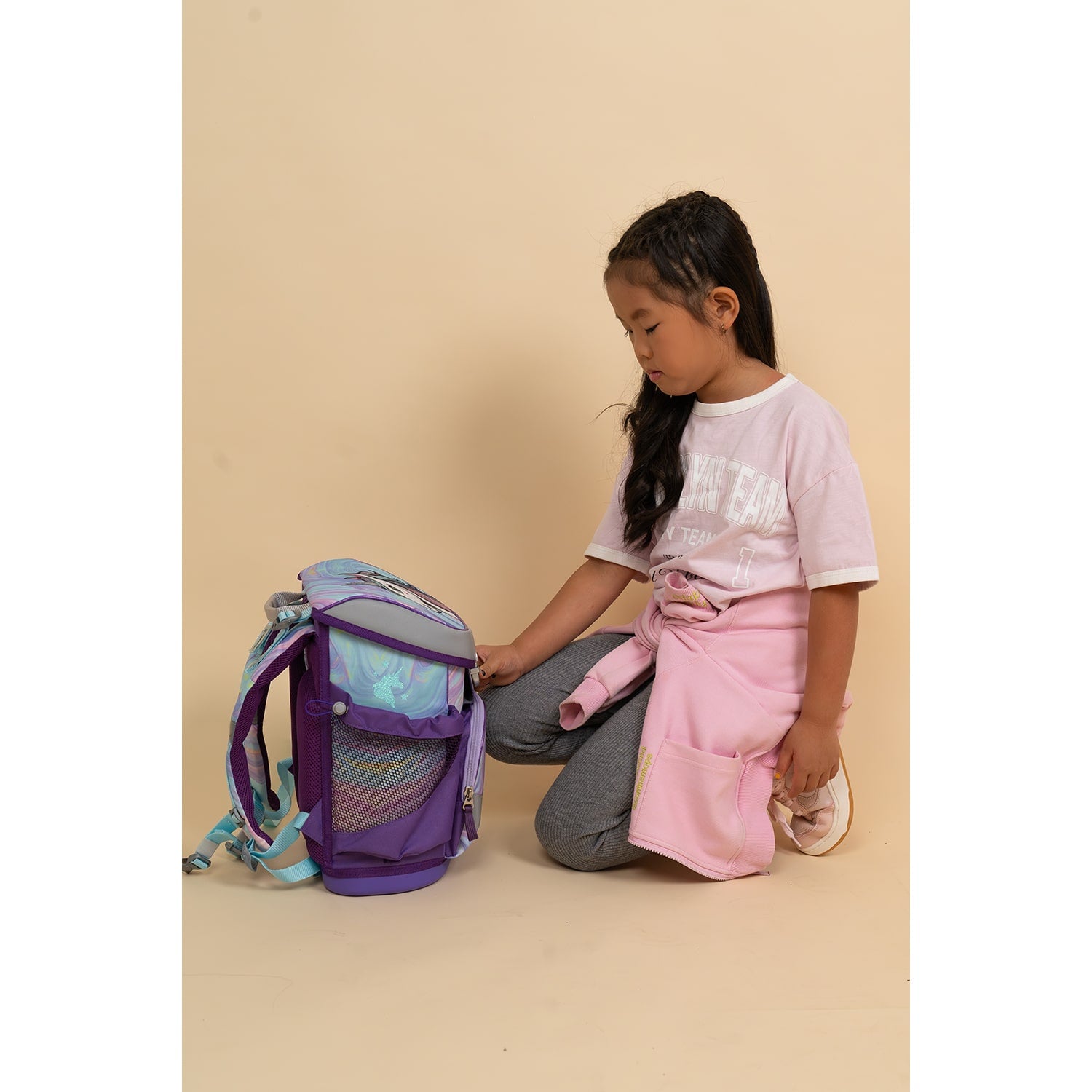 Lightweight Ergonomic School Bag Set for Girls – Belmil Mini-Fit Unicorn Dream (4 pcs) showcasing its breathable back padding.