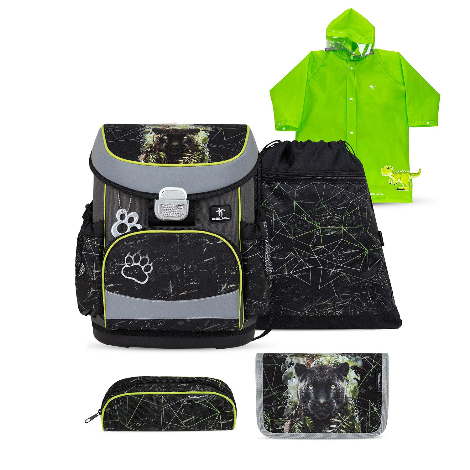 Belmil Mini-Fit Ergonomic School Bag Set 'Black Panther' + Dinosaur Raincoat – 5-Piece Compact and Comfortable School Starter Set for Boys displayed with a modern design and ergonomic features.