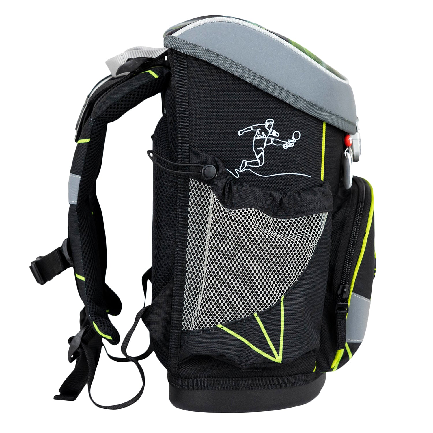 Colorful football-themed design of the Ergonomic School Bag Set for Boys – Belmil Mini-Fit Champion's Kick (4 pcs) with stadium graphics and neon accents.