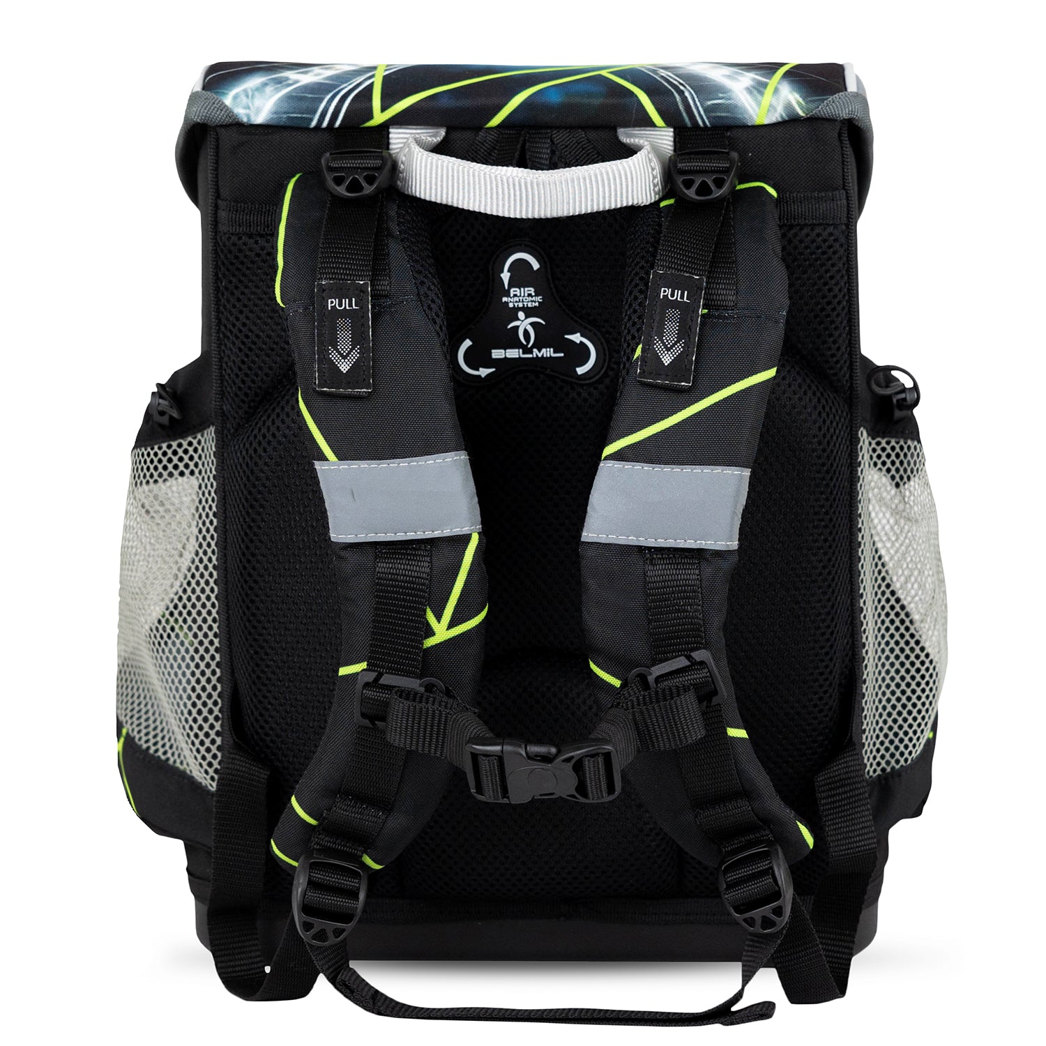 Reflective elements on the Belmil Mini-Fit Ergonomic School Bag Set “Champion's Kick”, enhancing visibility and safety for young boys on the go.