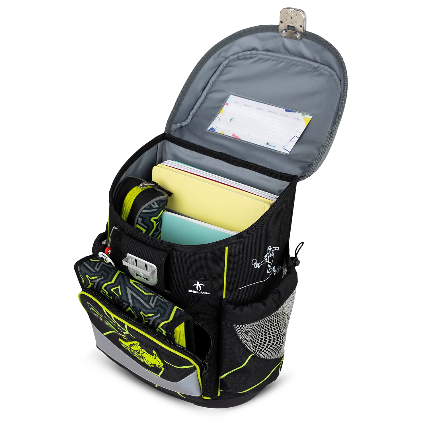 Interior compartments of the Ergonomic School Bag Set for Boys – Belmil Mini-Fit Champion's Kick (4 pcs) designed to keep kids organized.