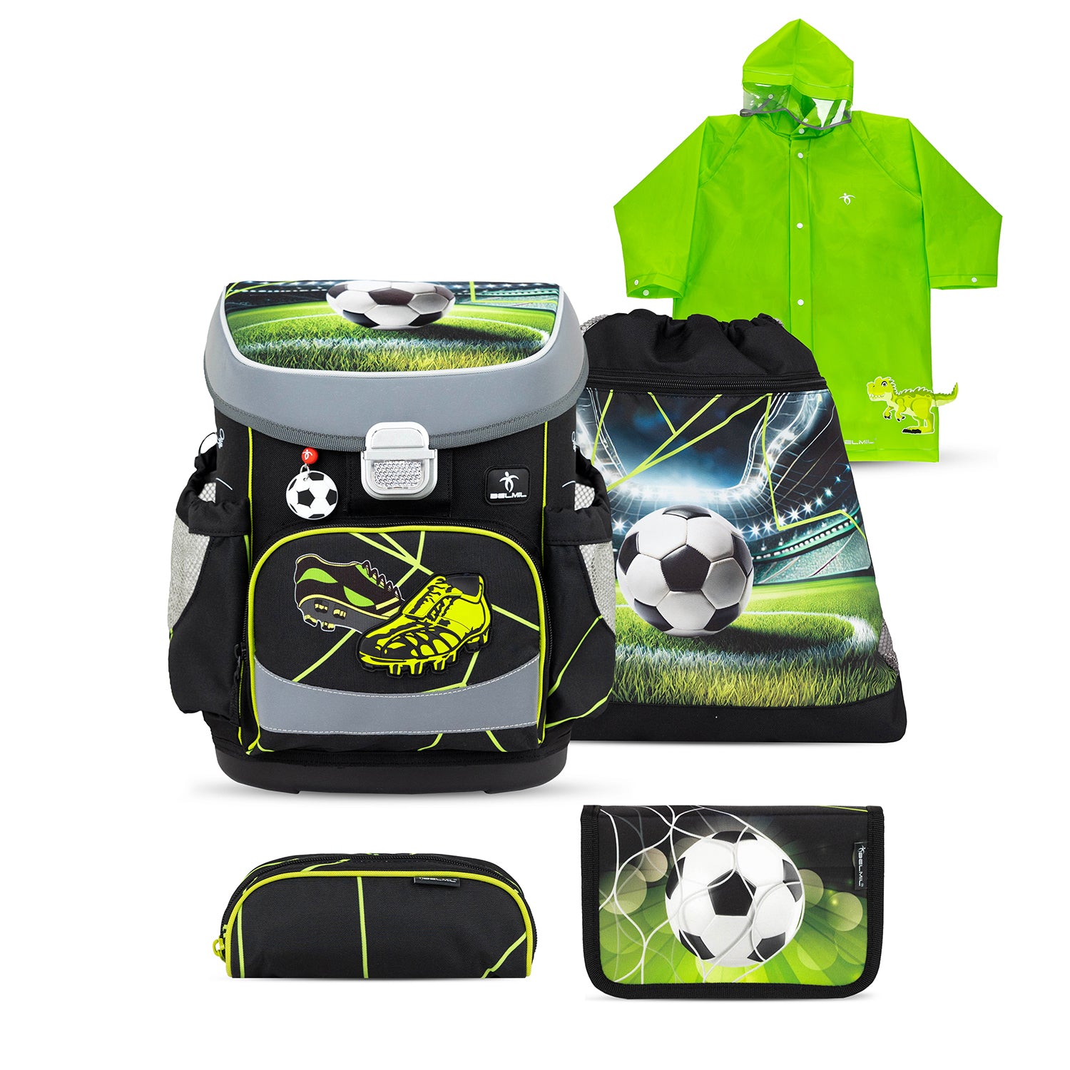 Belmil Mini-Fit Ergonomic School Bag Set “Champion's Kick” design with black and neon green accents, part of the 5-Piece Compact and Comfortable School Starter Set for Boys.