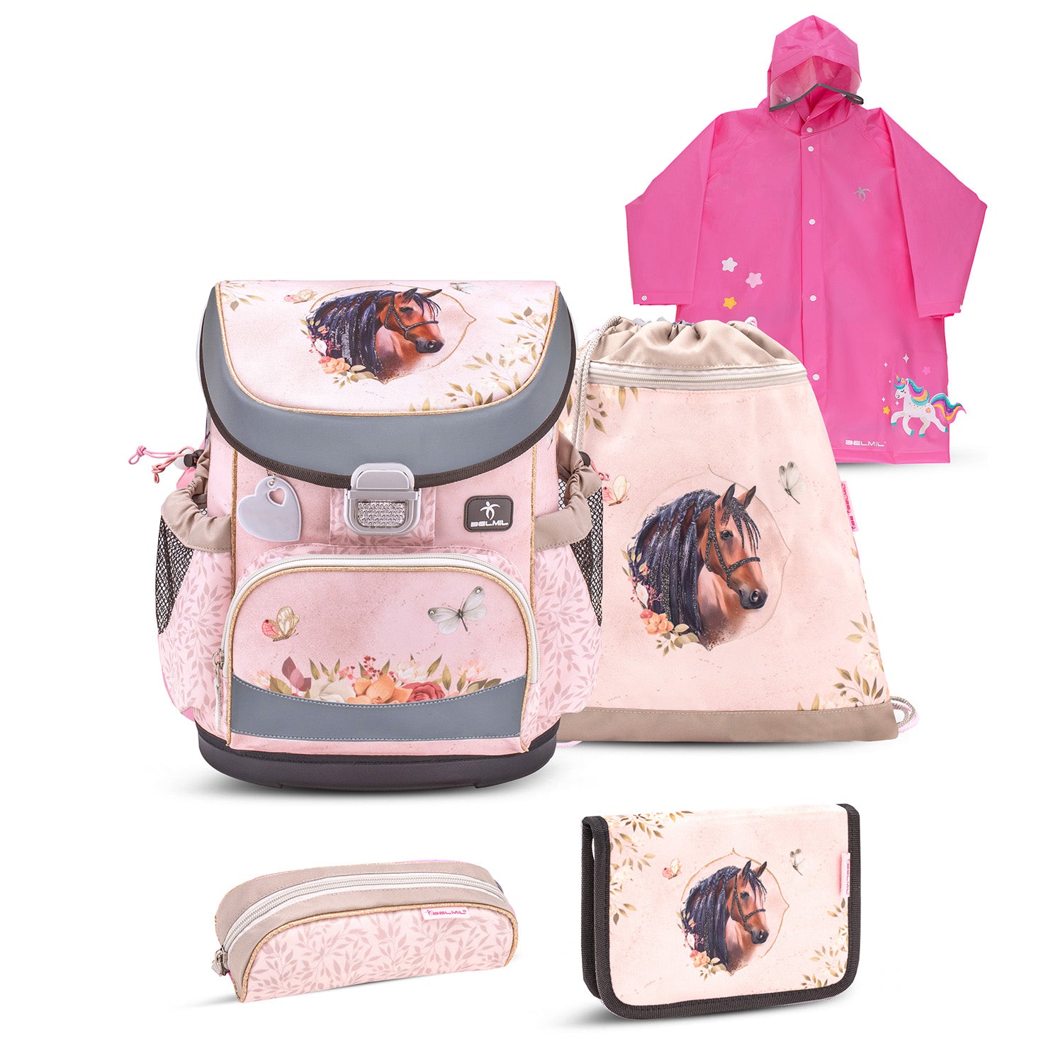 Belmil Mini-Fit Ergonomic School Bag Set 'Horse Chestnut' Design with Unicorn Raincoat – 5-Piece Compact and Comfortable School Starter Set for Girls showcased in a bright and cheerful classroom setting.