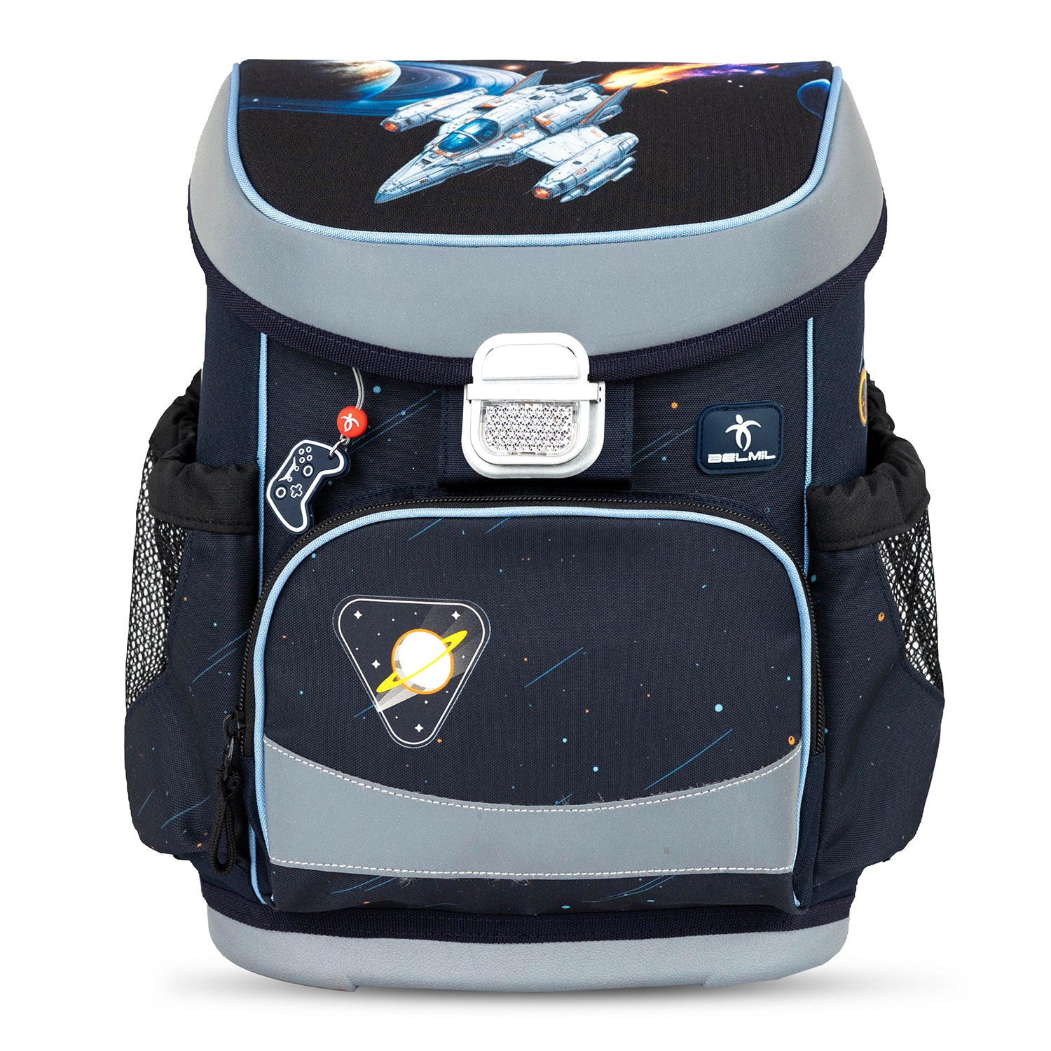 Side view of the Ergonomic School Bag Set for Boys – Belmil Mini-Fit Orion (4 pcs) highlighting spacious interior compartments and safety features.