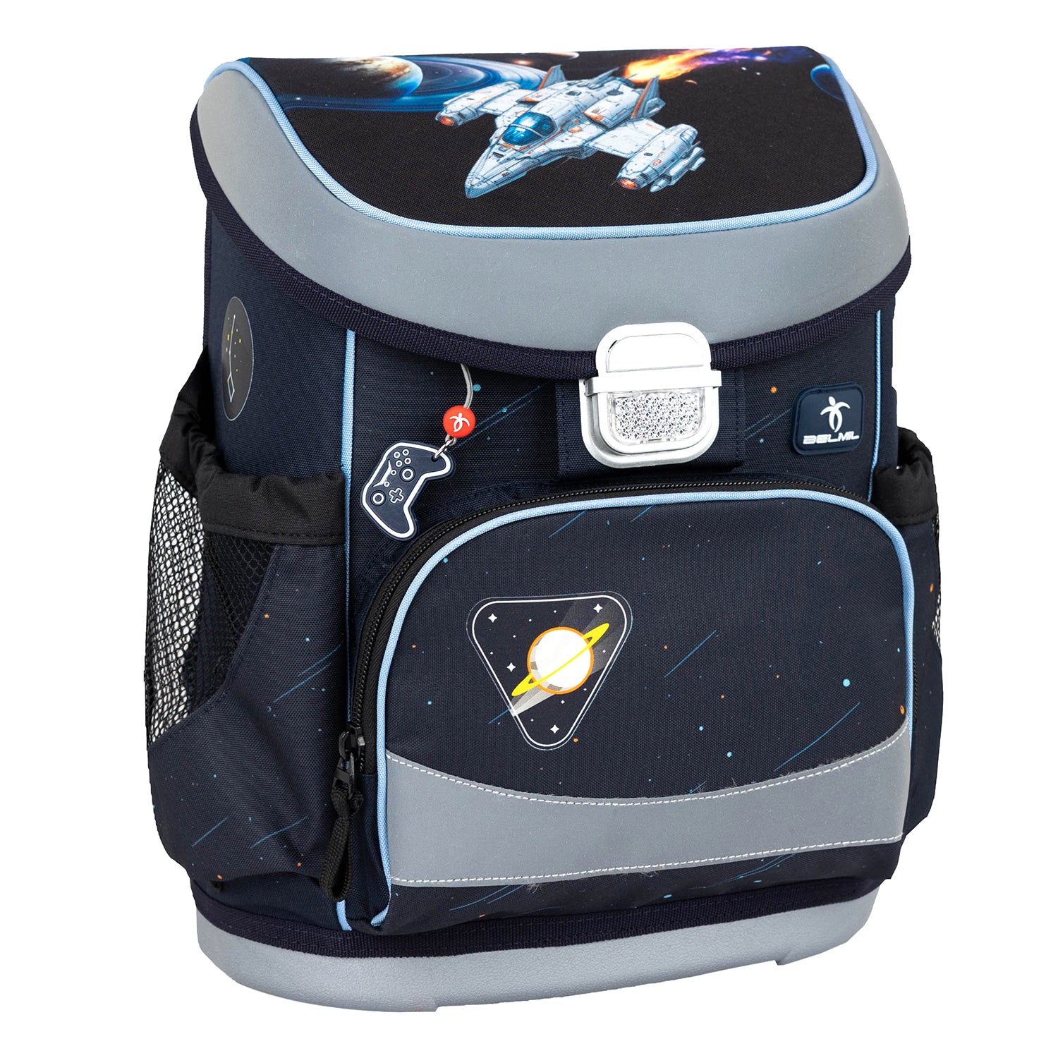 Belmil Mini-Fit Ergonomic School Bag Set “Tractron” Design featuring adjustable straps and reflective elements for safety, perfect for young boys.