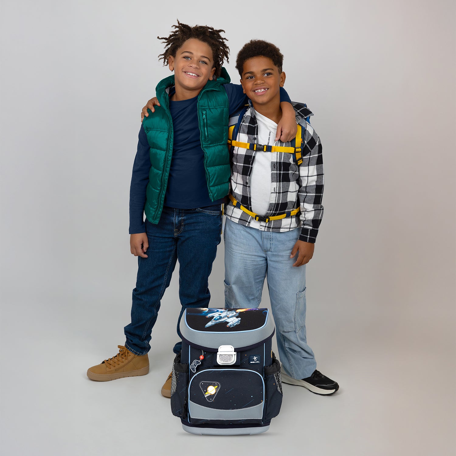 Belmil Mini-Fit Ergonomic School Bag Set “Orion" + Dinosaur Raincoat – 5-Piece Compact and Comfortable School Starter Set for Boys