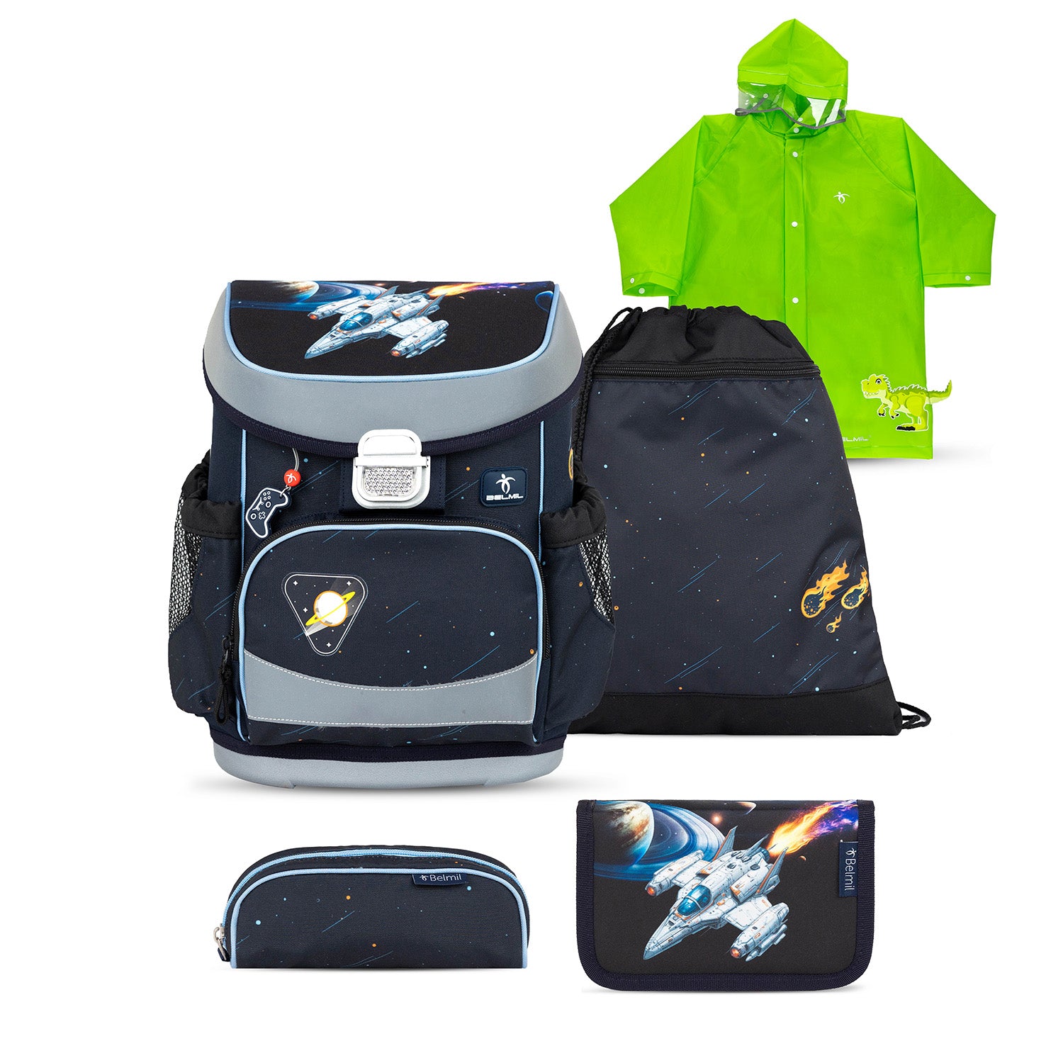 Belmil Mini-Fit Ergonomic School Bag Set “Tractron” Design + Dinosaur Raincoat – 5-Piece Compact and Comfortable School Starter Set for Boys showcasing the stylish dark blue school bag with futuristic spaceship theme.