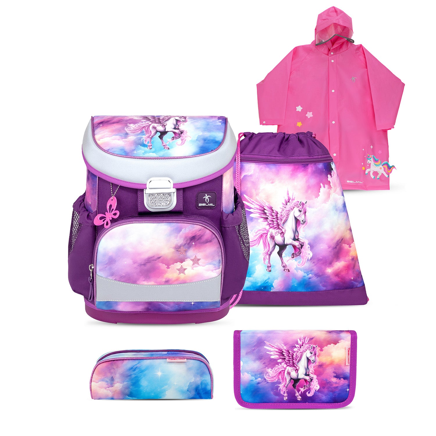 Belmil Mini-Fit Ergonomic School Bag Set “Pegasus” + Unicorn Raincoat – 5-Piece Compact and Comfortable School Starter Set for Girls featuring a colorful unicorn design, perfect for young girls who love fantasy.