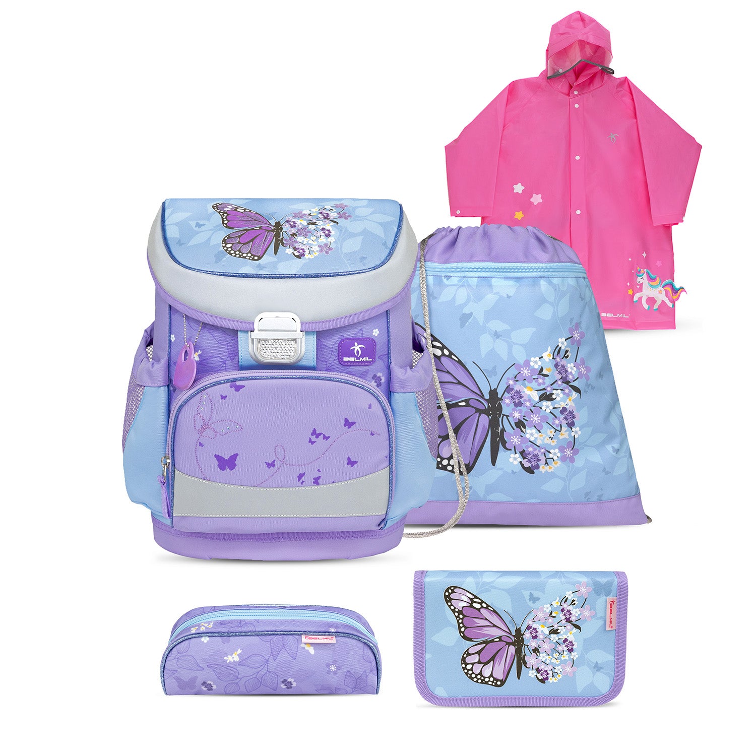 Belmil Mini-Fit Ergonomic School Bag Set “Purple Blue Butterfly” + Unicorn Raincoat – 5-Piece Compact and Comfortable School Starter Set for Girls featuring the stylish backpack for kids.