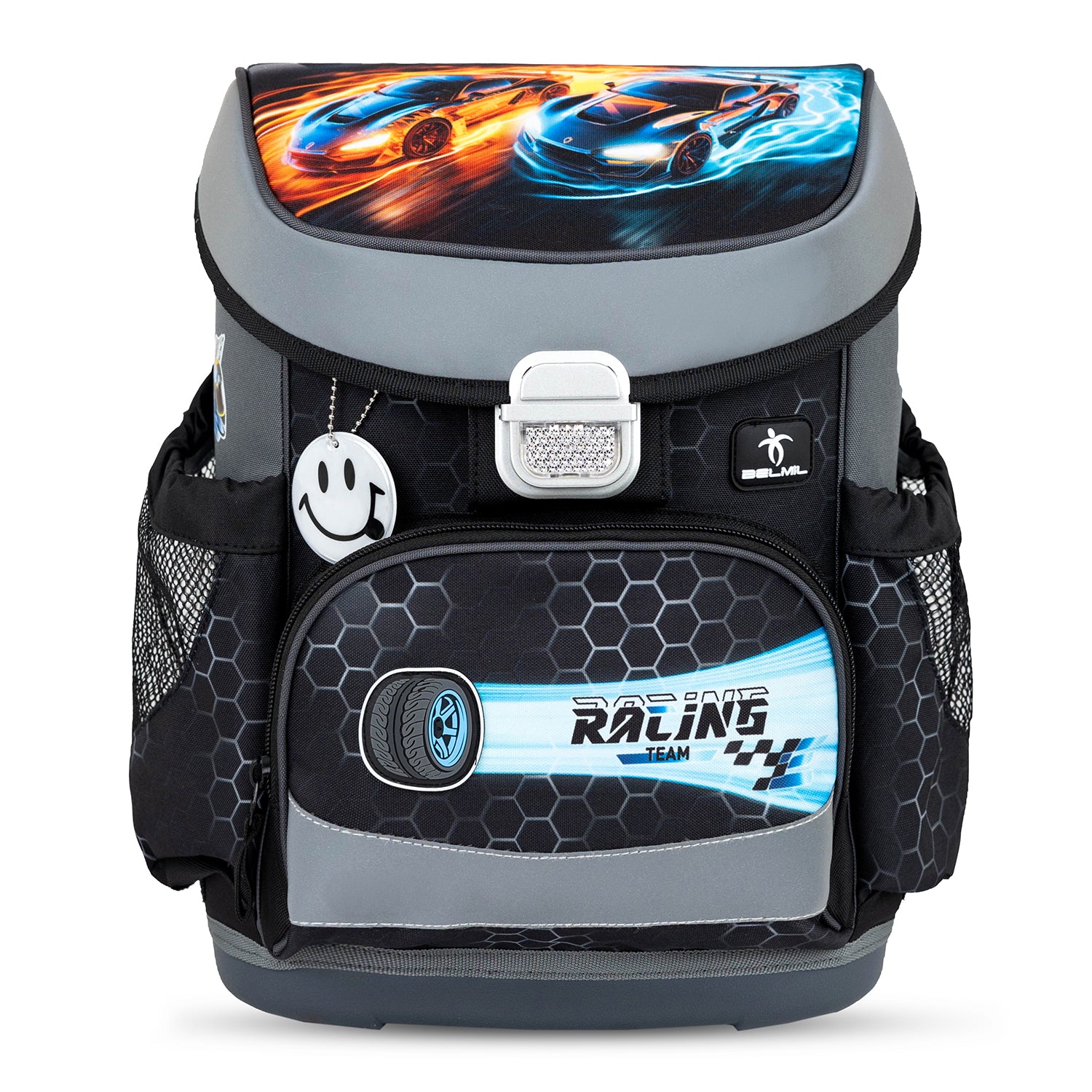 Close-up of the Belmil Mini-Fit Ergonomic School Bag Set “Race It” with metal buckle and reflective elements designed for safety in the 5-Piece Compact and Comfortable School Starter Set for Boys.