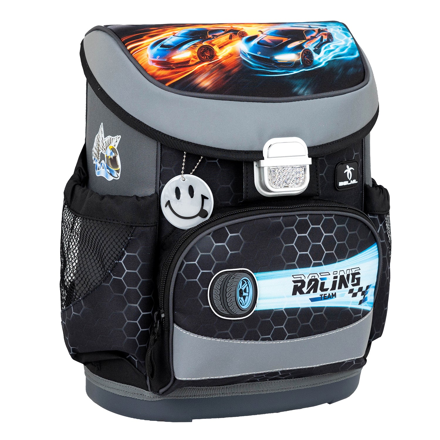 The interior layout of the Belmil Mini-Fit Ergonomic School Bag Set “Race It” showcasing spacious compartments and pockets in the 5-Piece Compact and Comfortable School Starter Set for Boys.