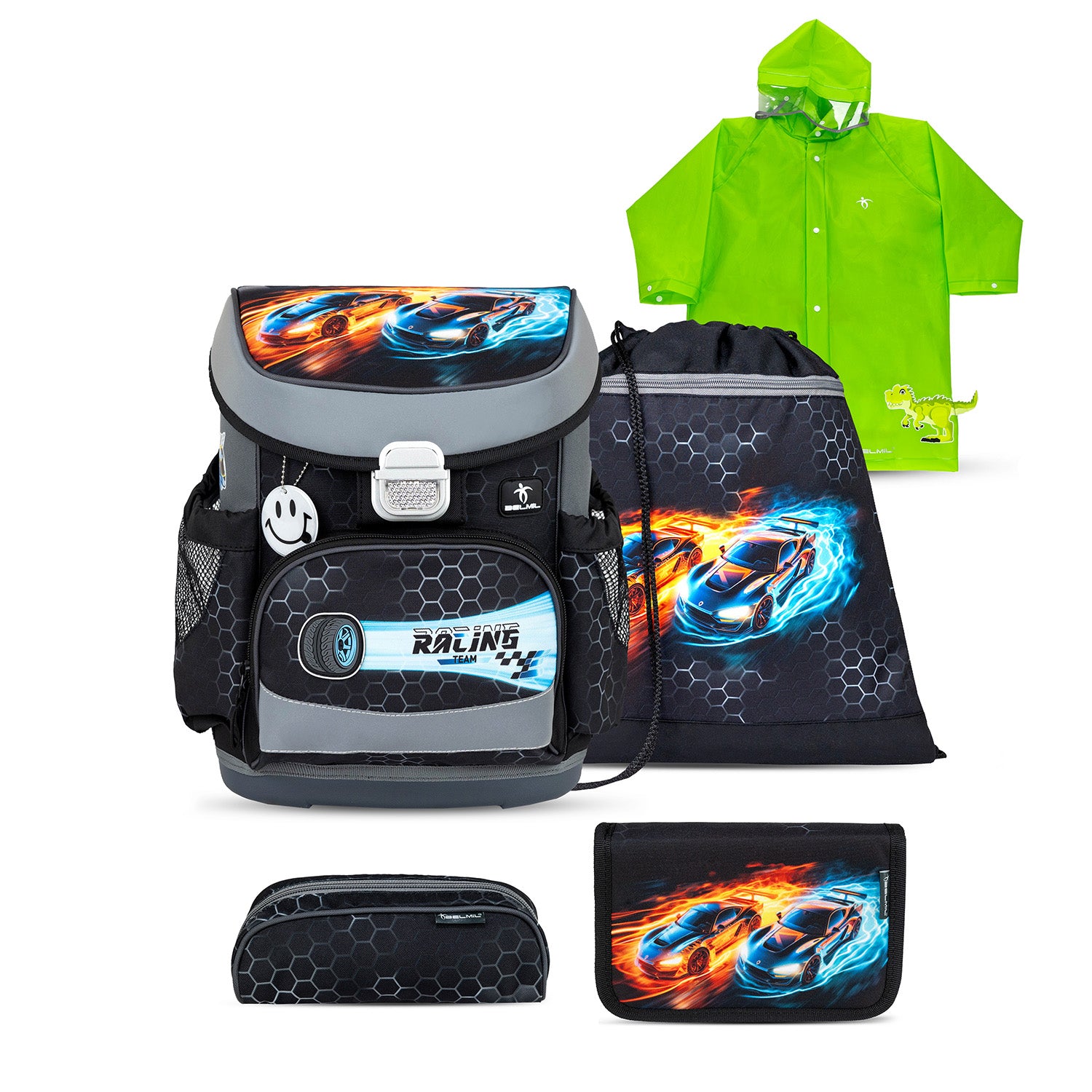 Belmil Mini-Fit Ergonomic School Bag Set “Race It” + Dinosaur Raincoat 5-Piece Compact and Comfortable School Starter Set for Boys featuring a black and grey design with vibrant blue and orange racing car graphics.