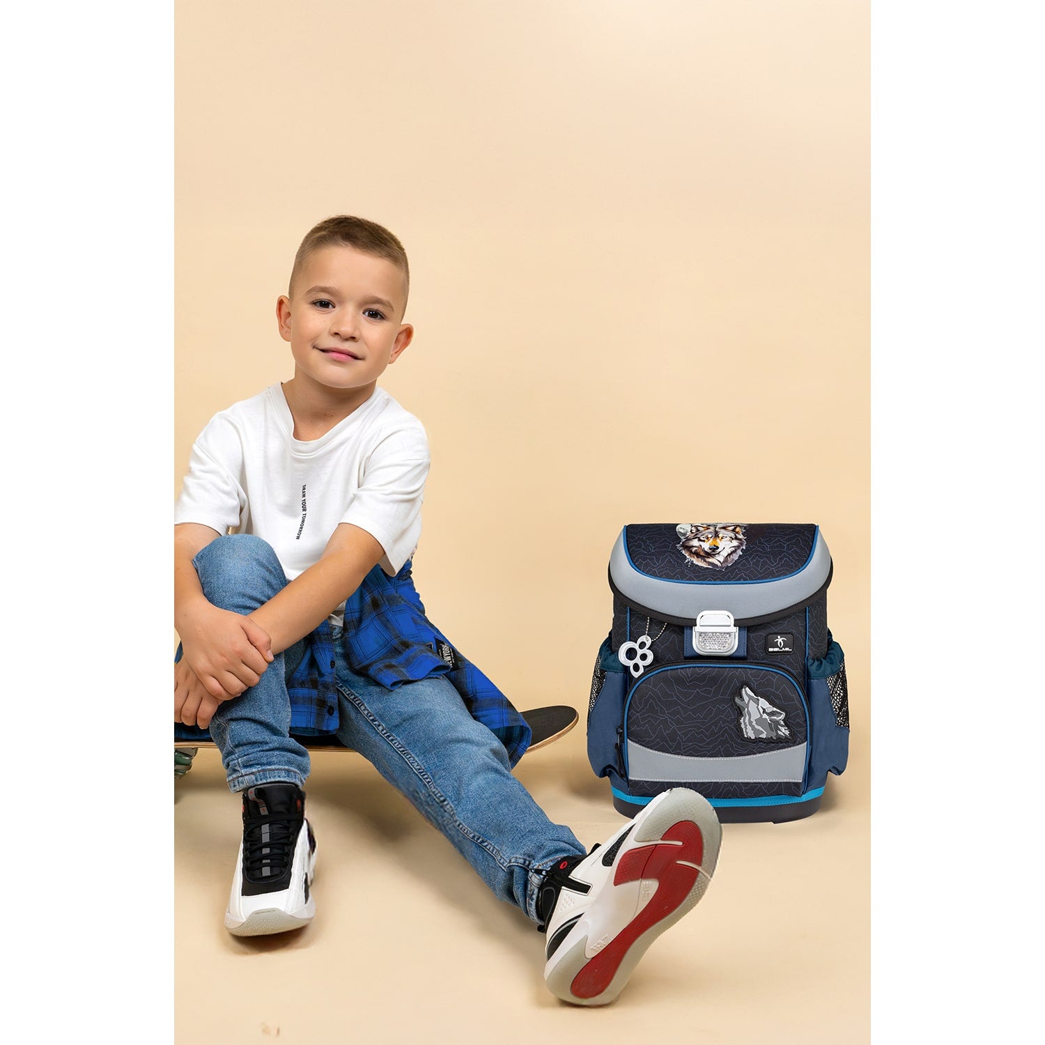 Ergonomic School Bag Set for Boys – Belmil Mini-Fit Wolves Pack (4 pcs) showing the comfortable back padding and adjustable straps for a perfect fit.