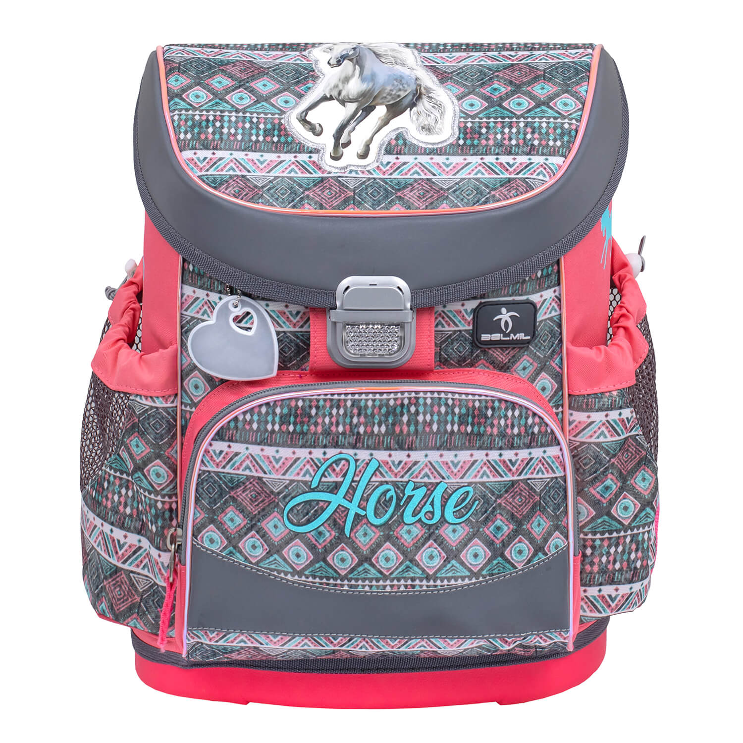 Belmil Mini-Fit Ergonomic School Bag Set “Horse Aruba Blue” Design + Unicorn Raincoat – 5-Piece Compact and Comfortable School Starter Set demonstration with vibrant horse illustration.