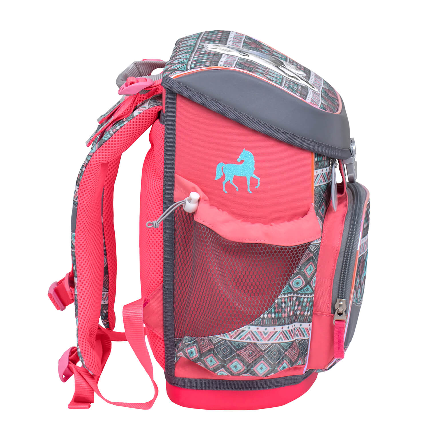 Belmil Mini-Fit Ergonomic School Bag Set “Horse Aruba Blue” Design + Unicorn Raincoat – 5-Piece Compact and Comfortable School Starter Set in vibrant turquoise and blue colors.
