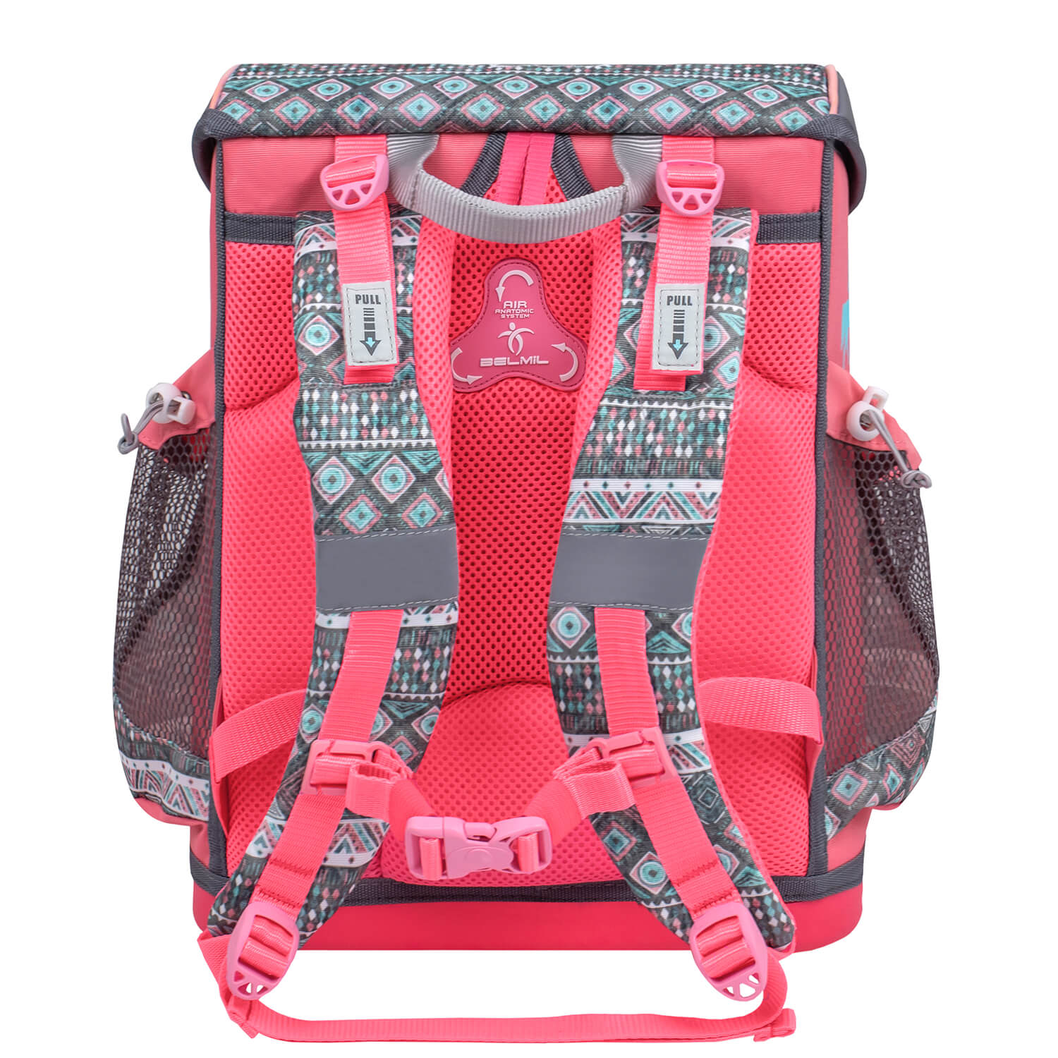 Belmil Mini-Fit Ergonomic School Bag Set “Horse Aruba Blue” Design + Unicorn Raincoat – 5-Piece Compact School Starter Set displayed with reflective safety features.