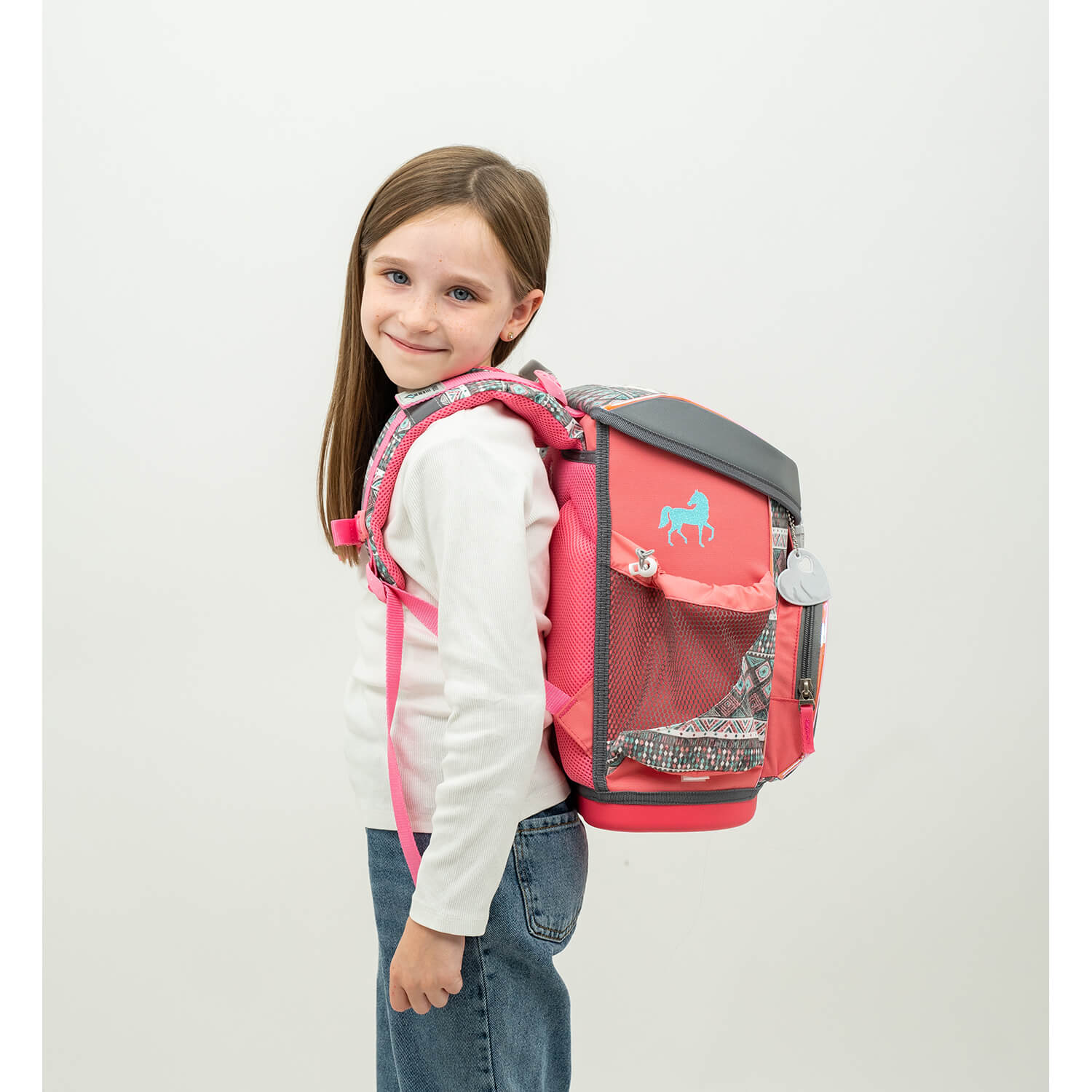 Belmil Mini-Fit Ergonomic School Bag Set “Horse Aruba Blue” Design + Unicorn Raincoat – 5-Piece Compact and Comfortable School Starter Set featuring ergonomic padded shoulder straps for children.