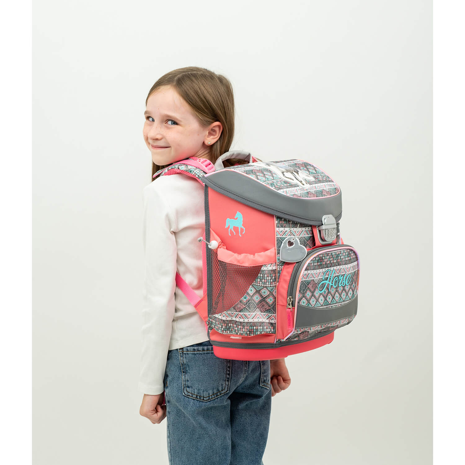 Belmil Mini-Fit Ergonomic School Bag Set “Horse Aruba Blue” Design + Unicorn Raincoat – 5-Piece Compact and Comfortable School Starter Set highlighting strategic side pockets and front zip.