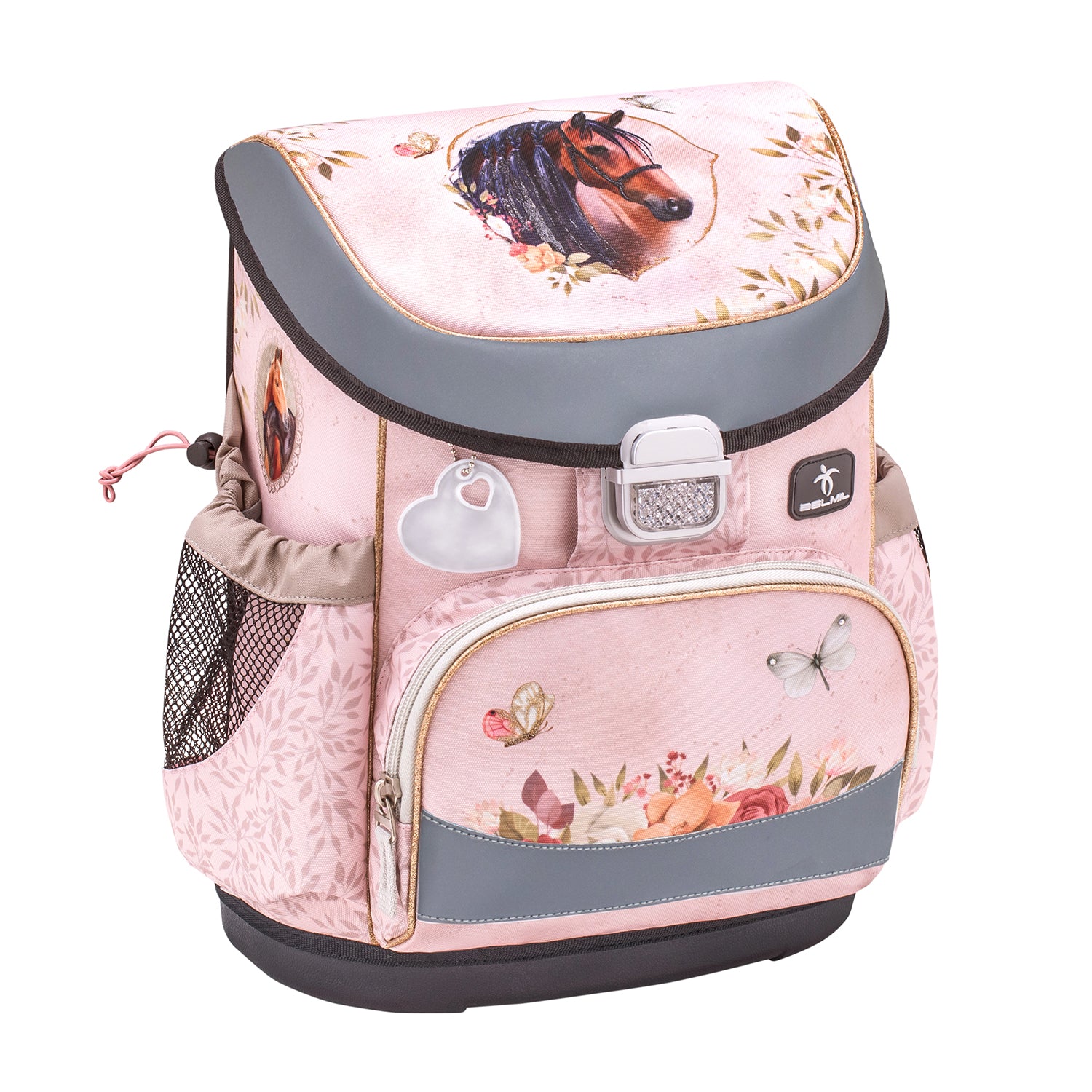 All items included in the Belmil Mini-Fit Ergonomic School Bag Set 'Horse Chestnut' with Unicorn Raincoat – 5-Piece Compact and Comfortable School Starter Set for Girls displayed together.