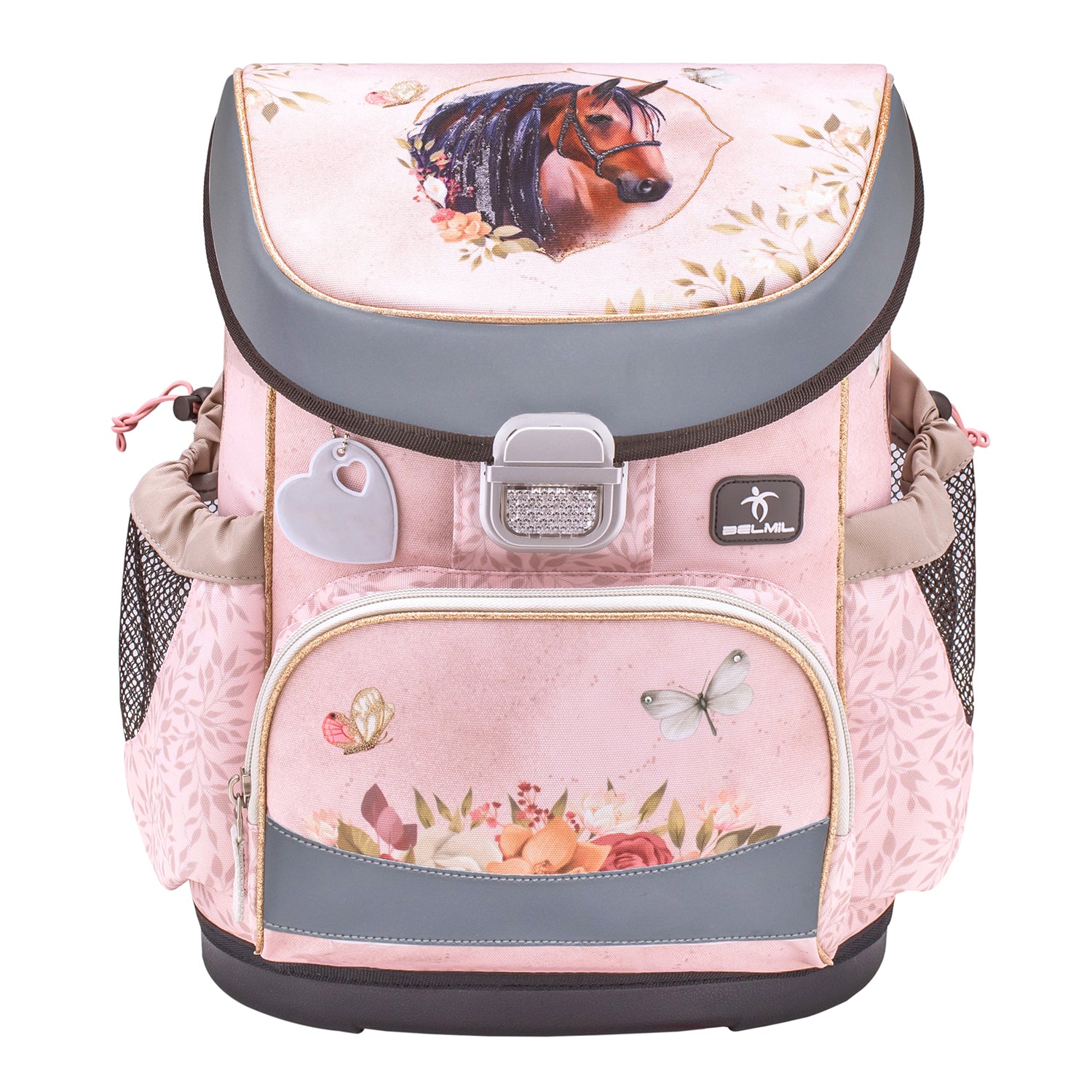 Close up view of the Belmil Mini-Fit Ergonomic School Bag Set 'Horse Chestnut' featuring a beautiful design, part of the 5-Piece Compact and Comfortable School Starter Set for Girls.