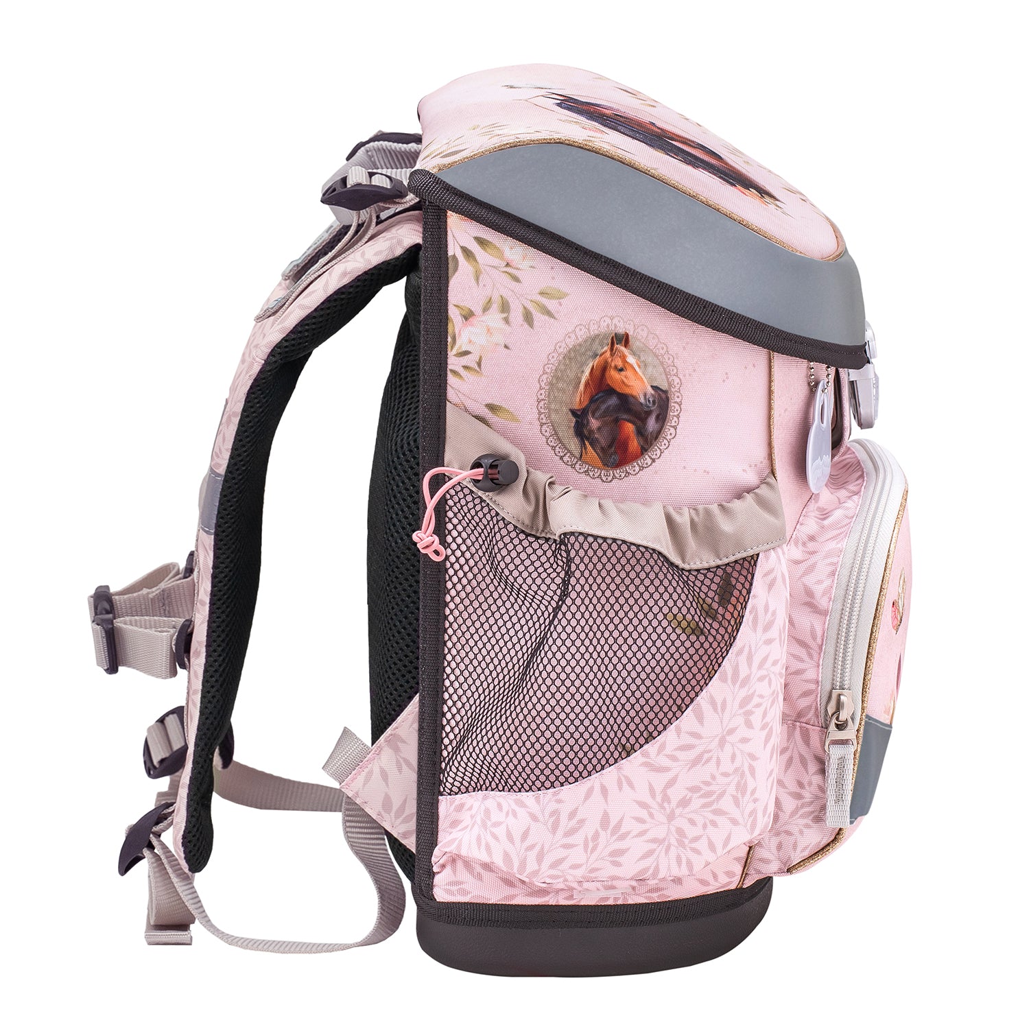 The ergonomic features of the Belmil Mini-Fit Ergonomic School Bag Set 'Horse Chestnut,' designed for comfort and support for young girls in a playful outdoor setting.