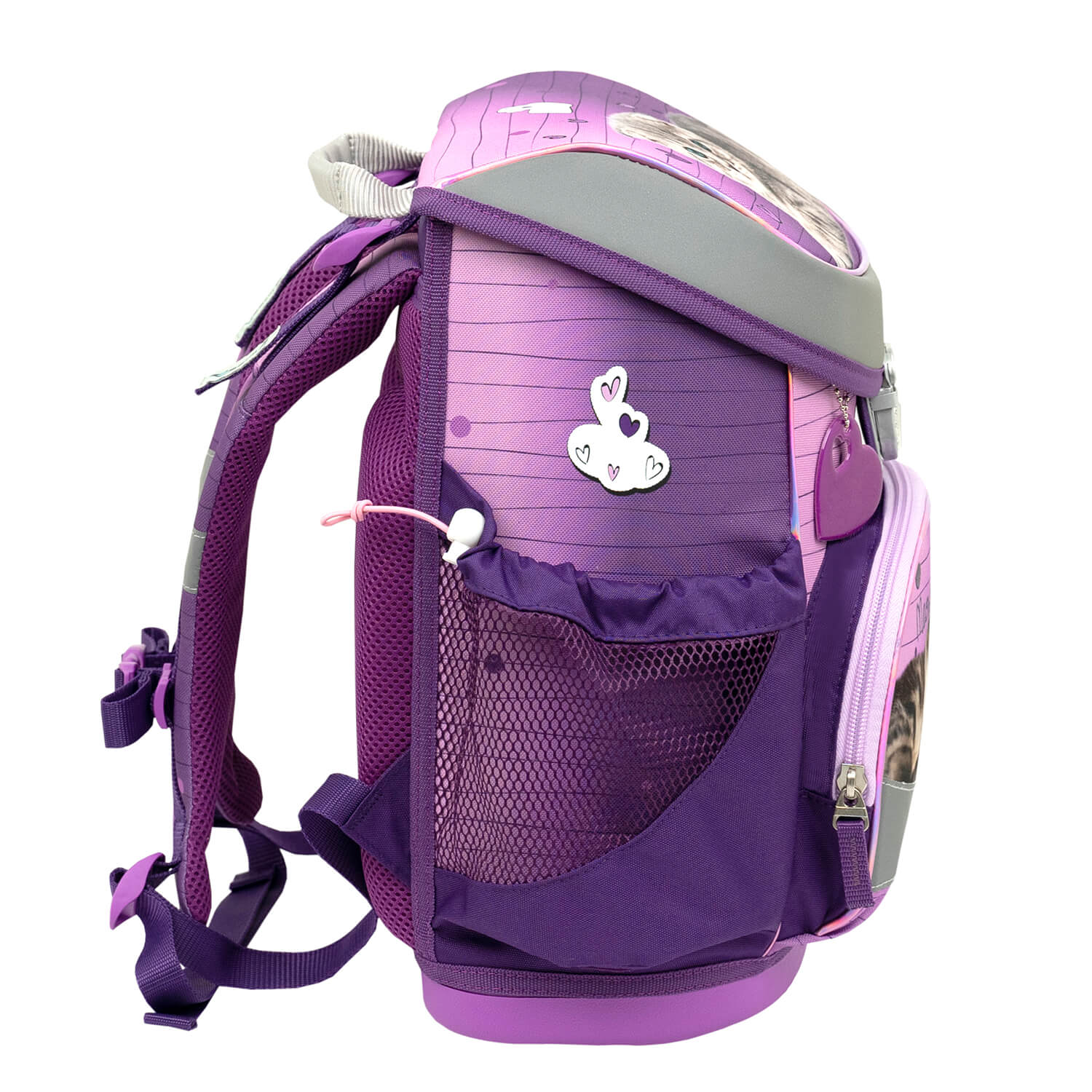 The smart interior layout of the Belmil Mini-Fit Ergonomic School Bag Set “Little Caty” Design + Unicorn Raincoat – 5-Piece Compact and Comfortable School Starter Set with various compartments for organization.