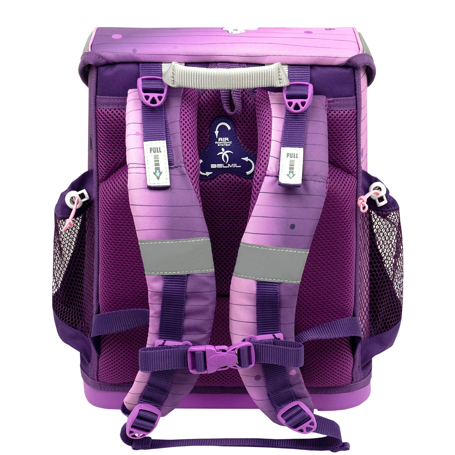 Reflective elements on the Belmil Mini-Fit Ergonomic School Bag Set “Little Caty” Design + Unicorn Raincoat – 5-Piece Compact and Comfortable School Starter Set to enhance visibility and safety.