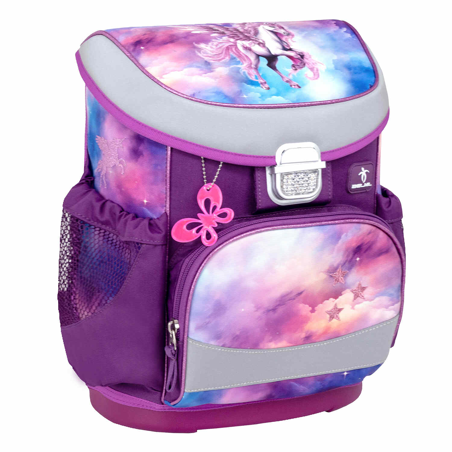 Mini-Fit Pegasus schoolbag set 4 pcs showing the easy-to-use metal buckle, great for kids in the ergonomic school bag set for girls – Belmil Mini-Fit Pegasus (4 pcs).