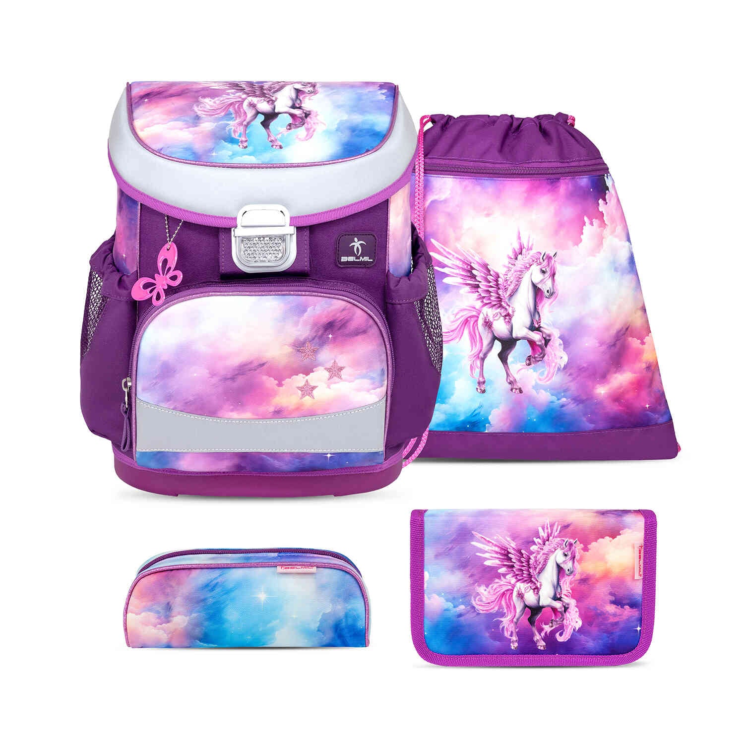 Mini-Fit Pegasus schoolbag set 4 pcs, featuring an ergonomic school bag set for girls – Belmil Mini-Fit Pegasus (4 pcs) designed for comfort and style.