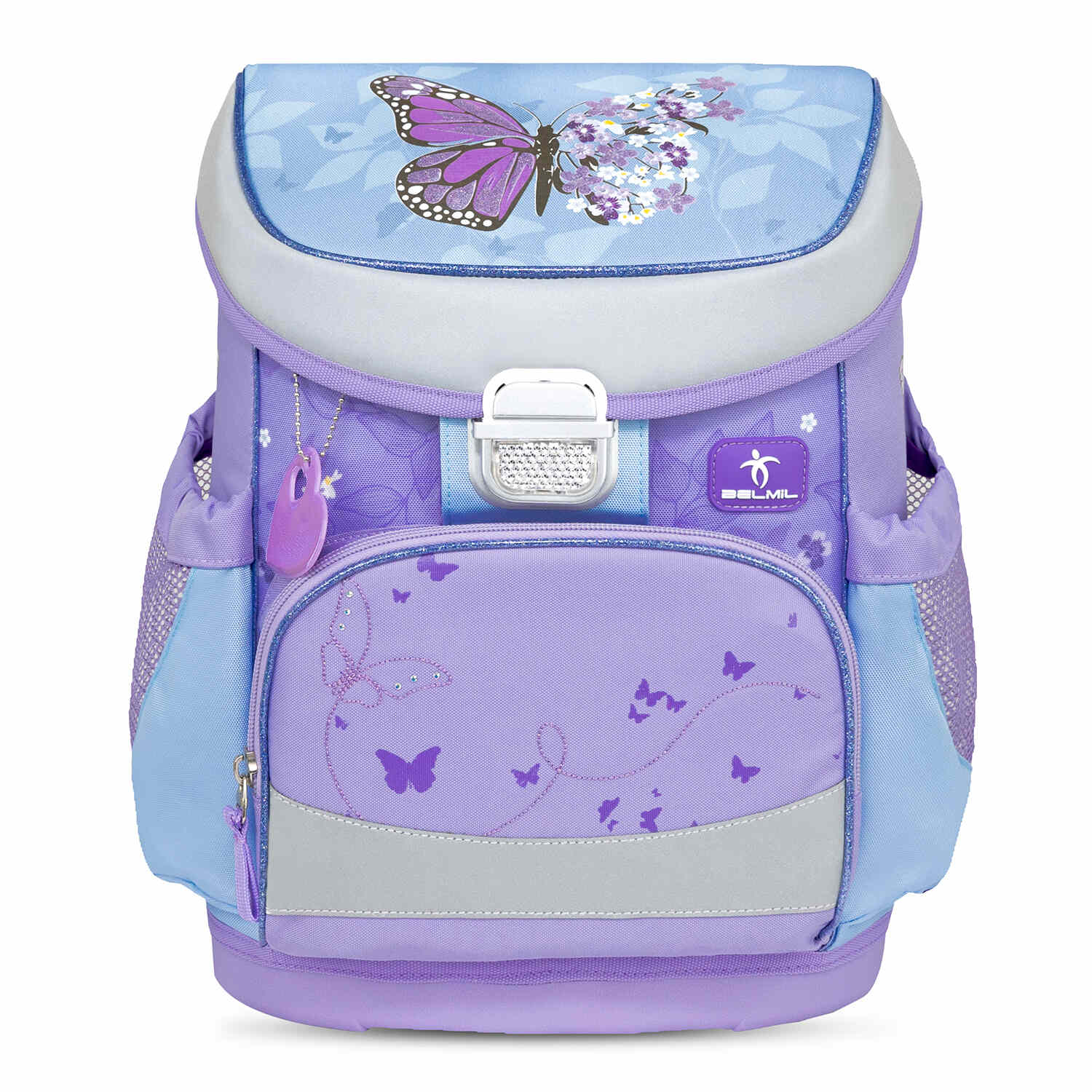 Inner compartments view of the Ergonomic School Bag Set for Girls – Belmil Mini-Fit Purple Blue Butterfly (4 pcs) showing A4 fitting space.