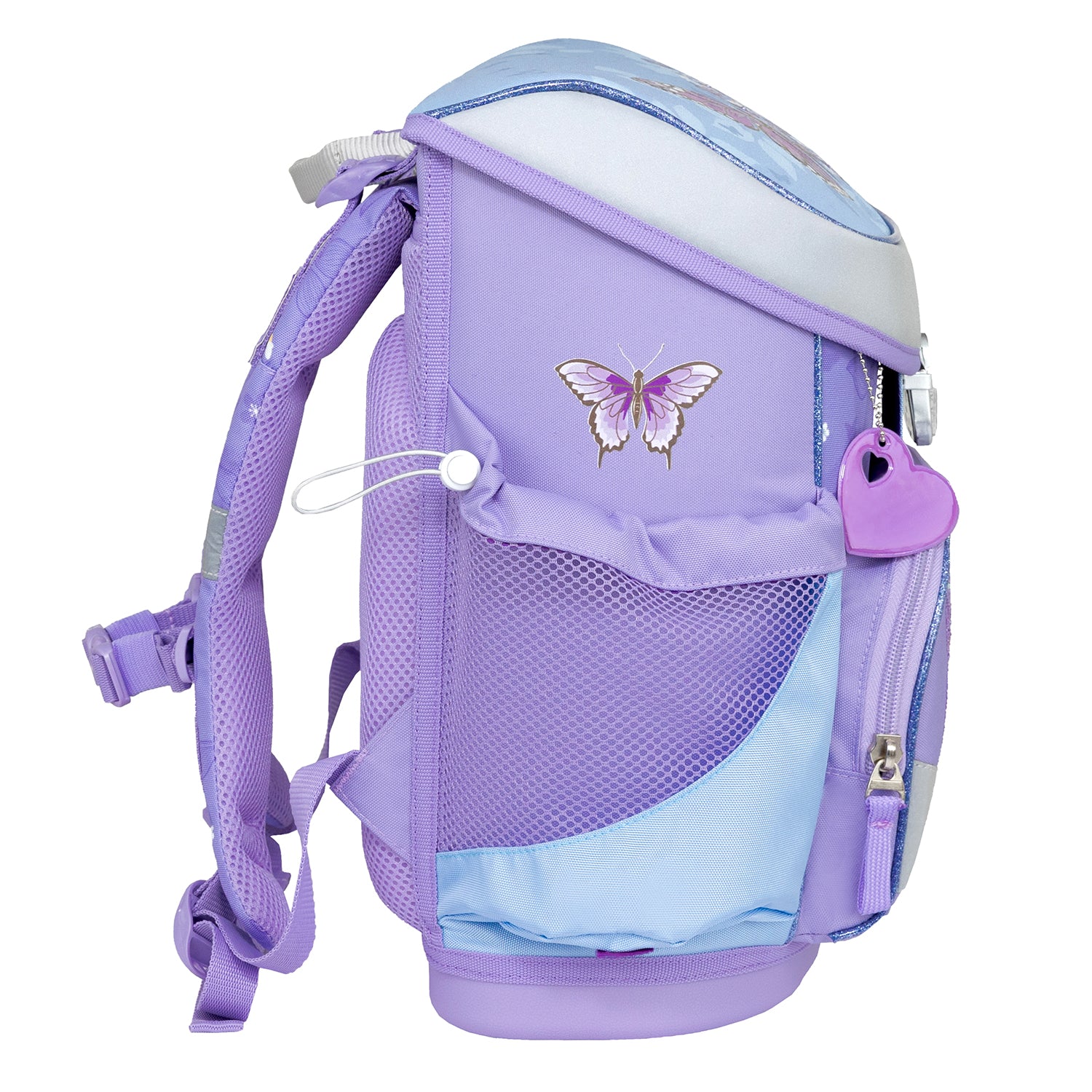 Reflective elements of the Belmil Mini-Fit Ergonomic School Bag Set “Purple Blue Butterfly”, enhancing visibility for safety.