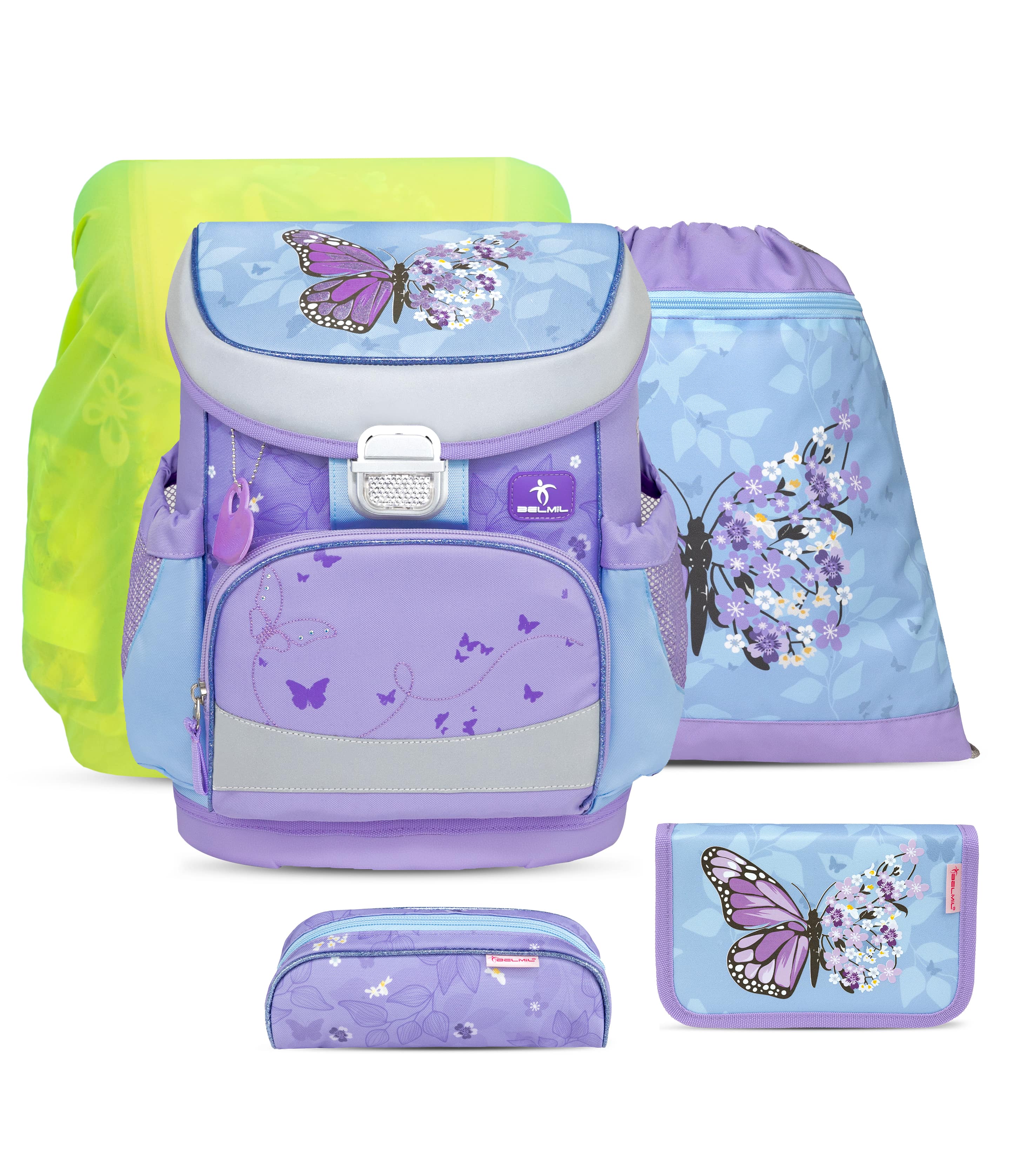Mini-Fit Purple Blue Butterfly Schulranzen Set mit Regenhülle 5 Stück